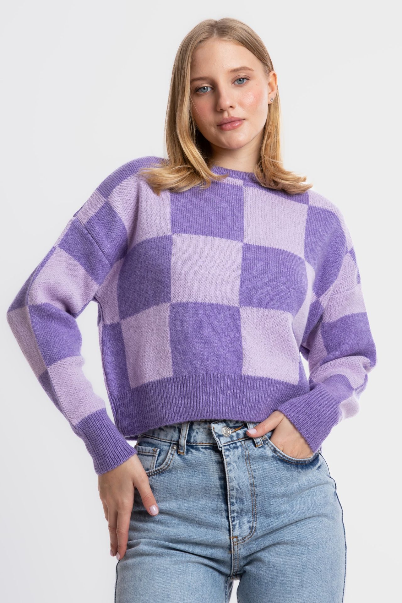 Geometric Crew Neck Cropped Sweater