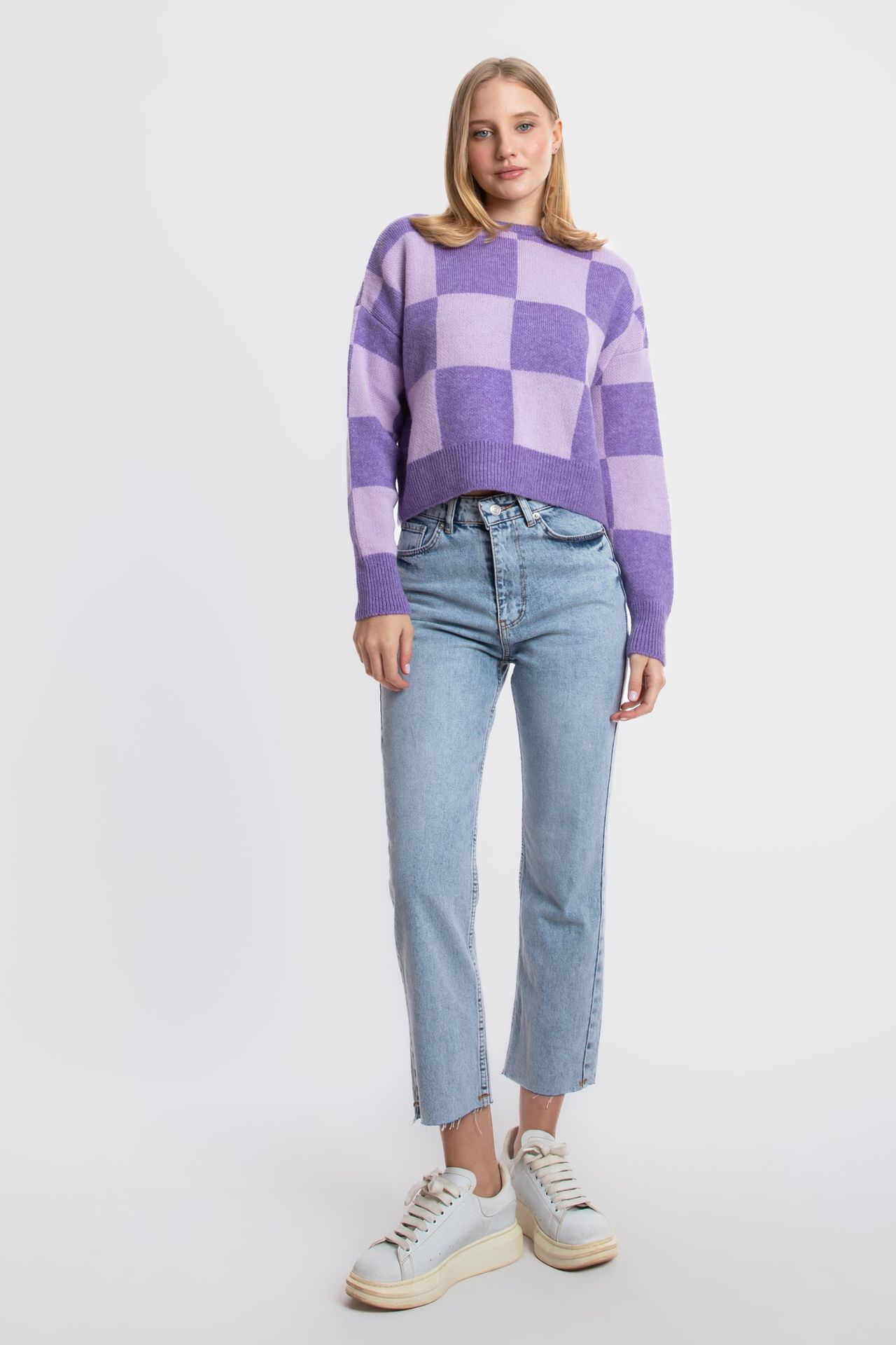 Geometric Crew Neck Cropped Sweater