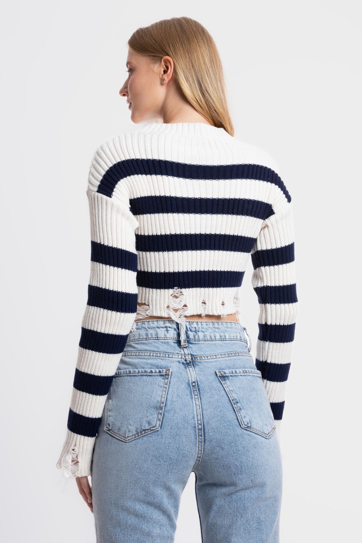 Striped Crew Neck Ripped Cropped Sweater
