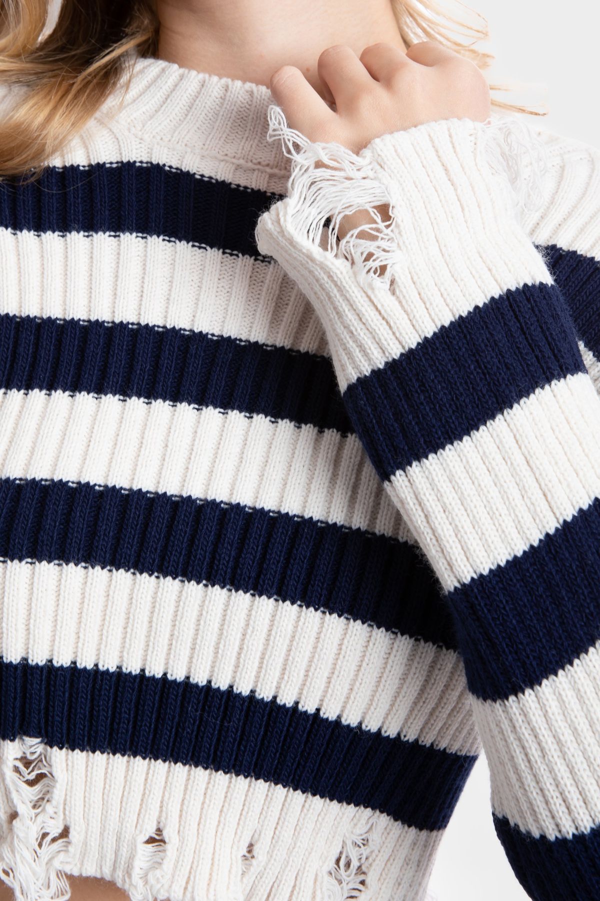 Striped Crew Neck Ripped Cropped Sweater