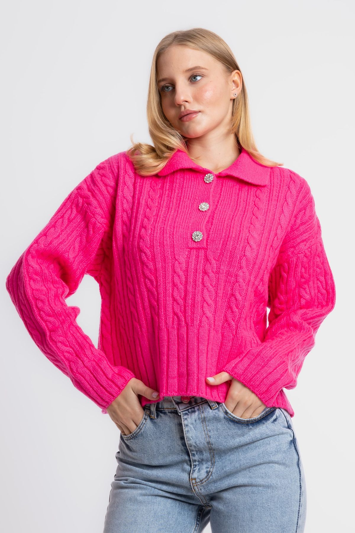 Cable Knitted Polo Collar Buttoned Sweater