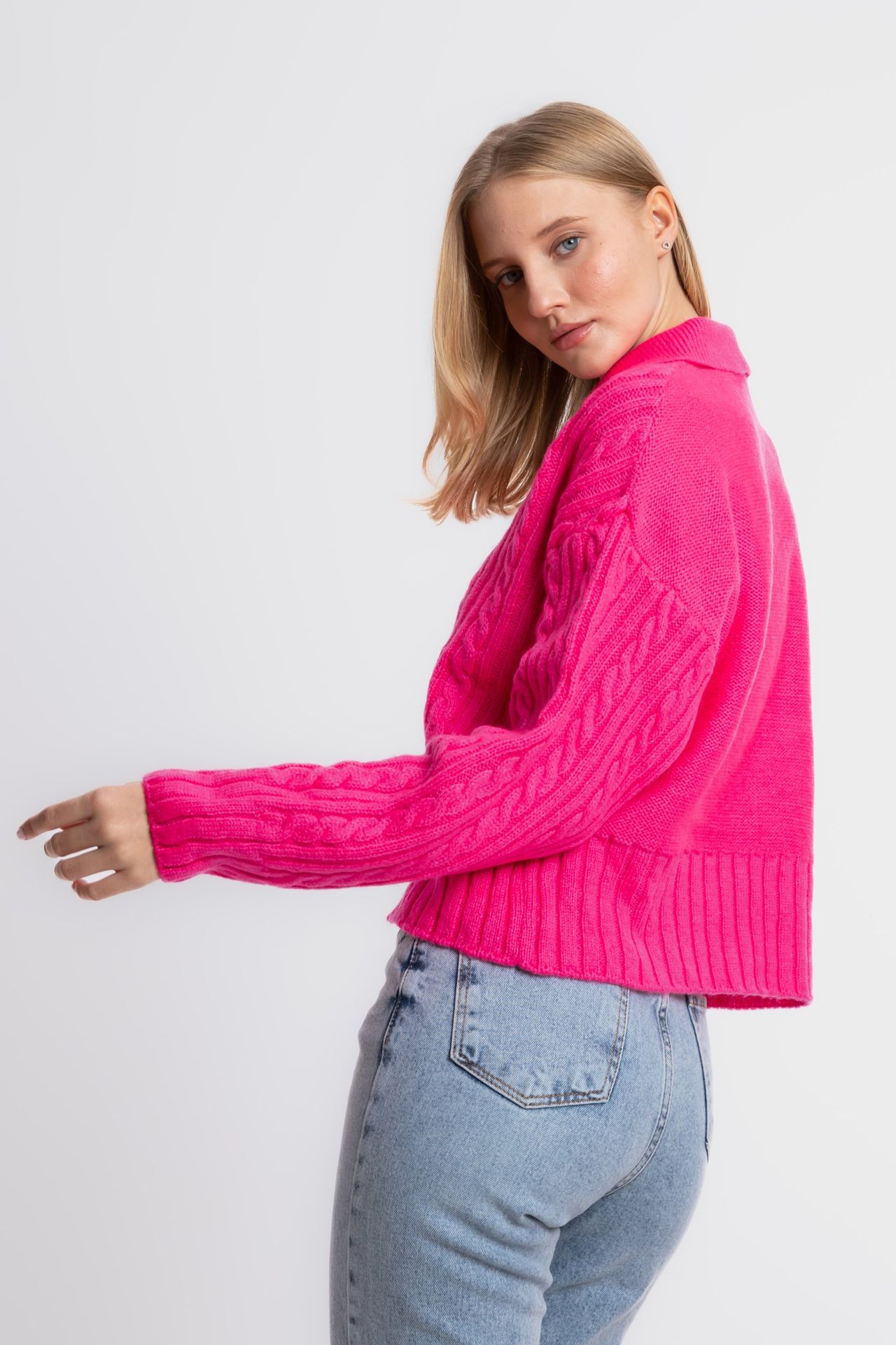 Cable Knitted Polo Collar Buttoned Sweater