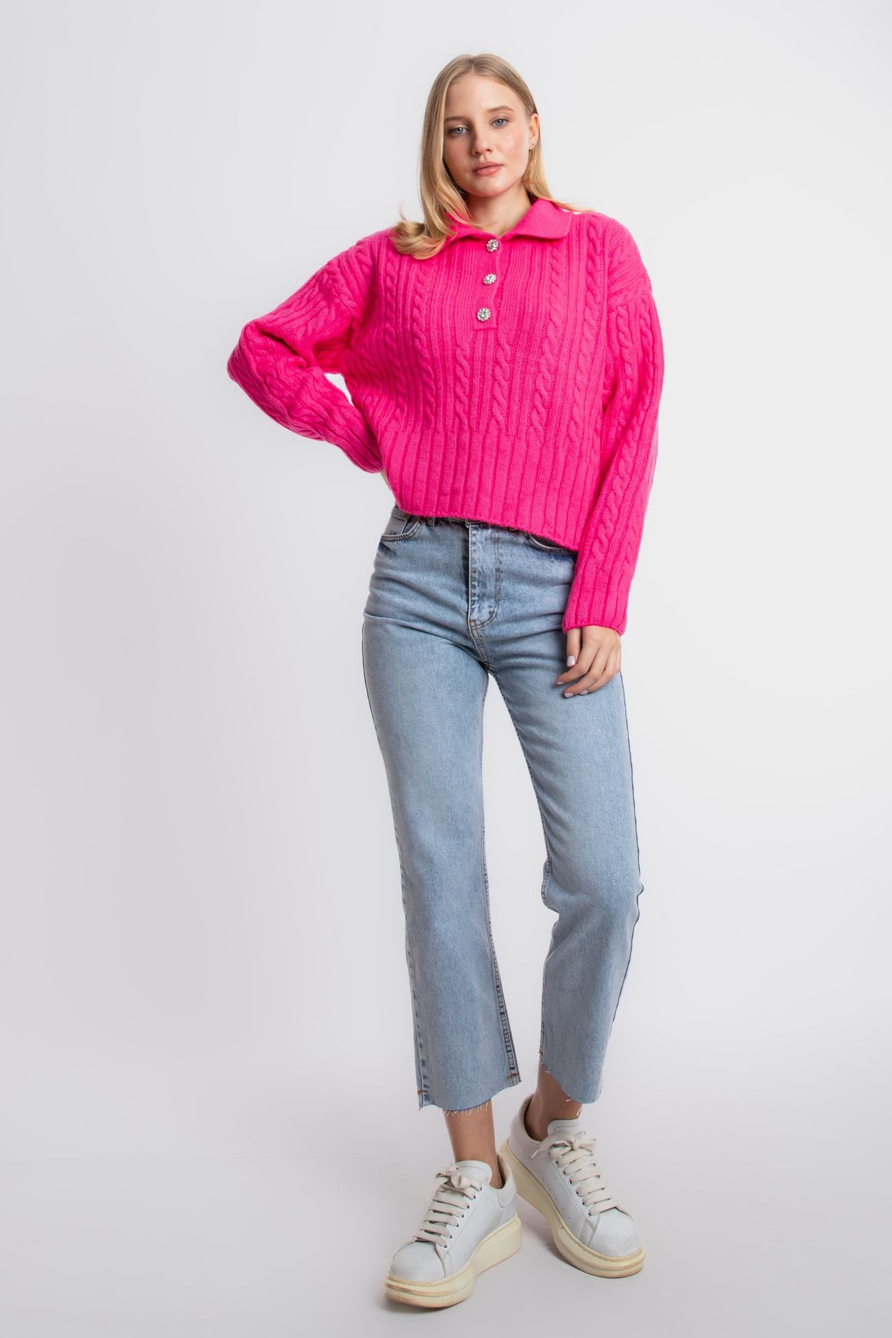 Cable Knitted Polo Collar Buttoned Sweater