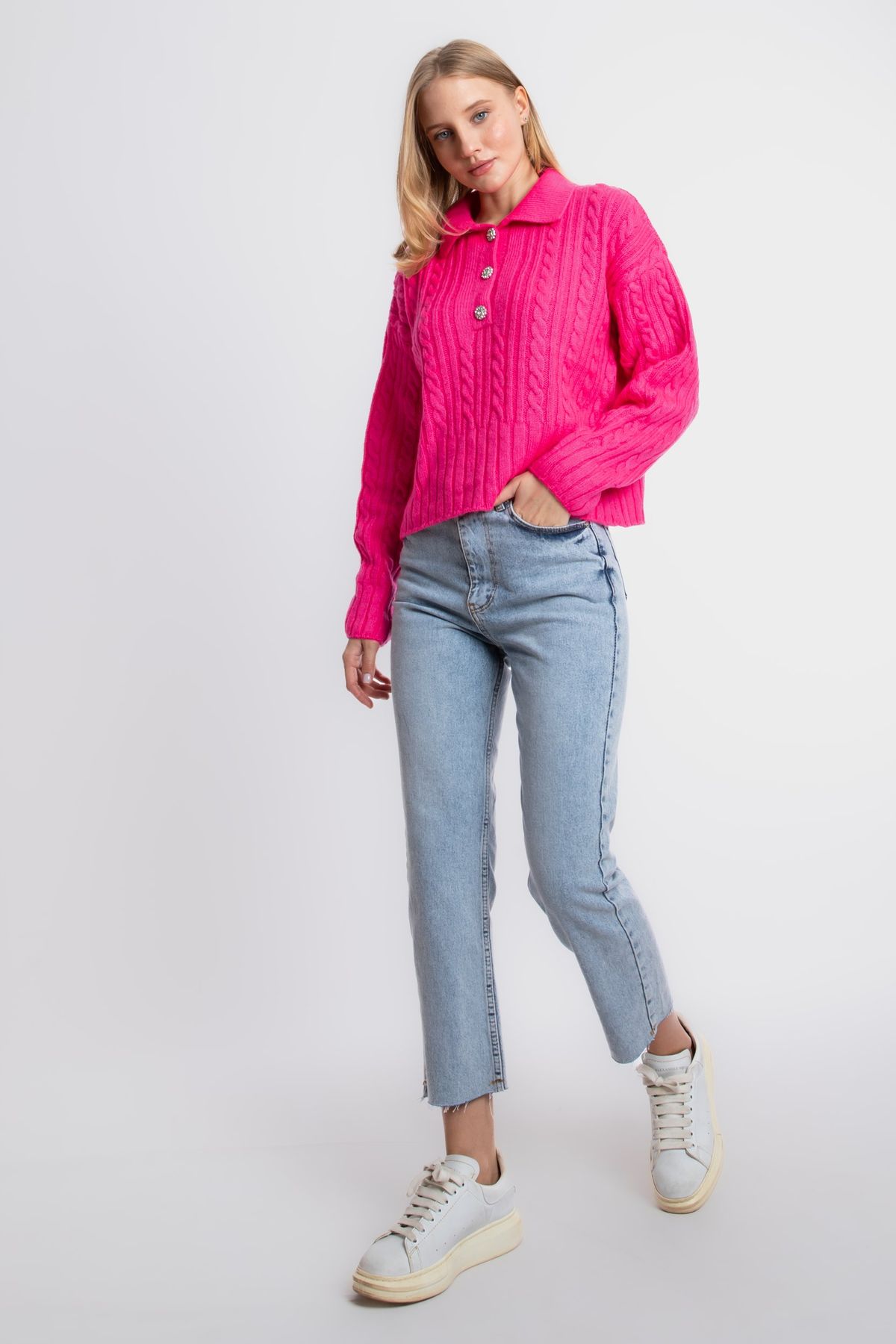 Cable Knitted Polo Collar Buttoned Sweater