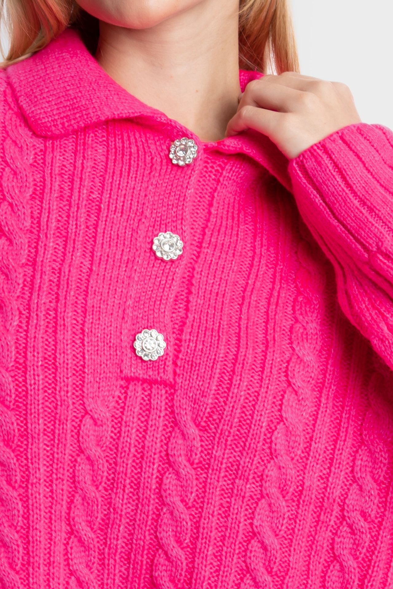 Cable Knitted Polo Collar Buttoned Sweater