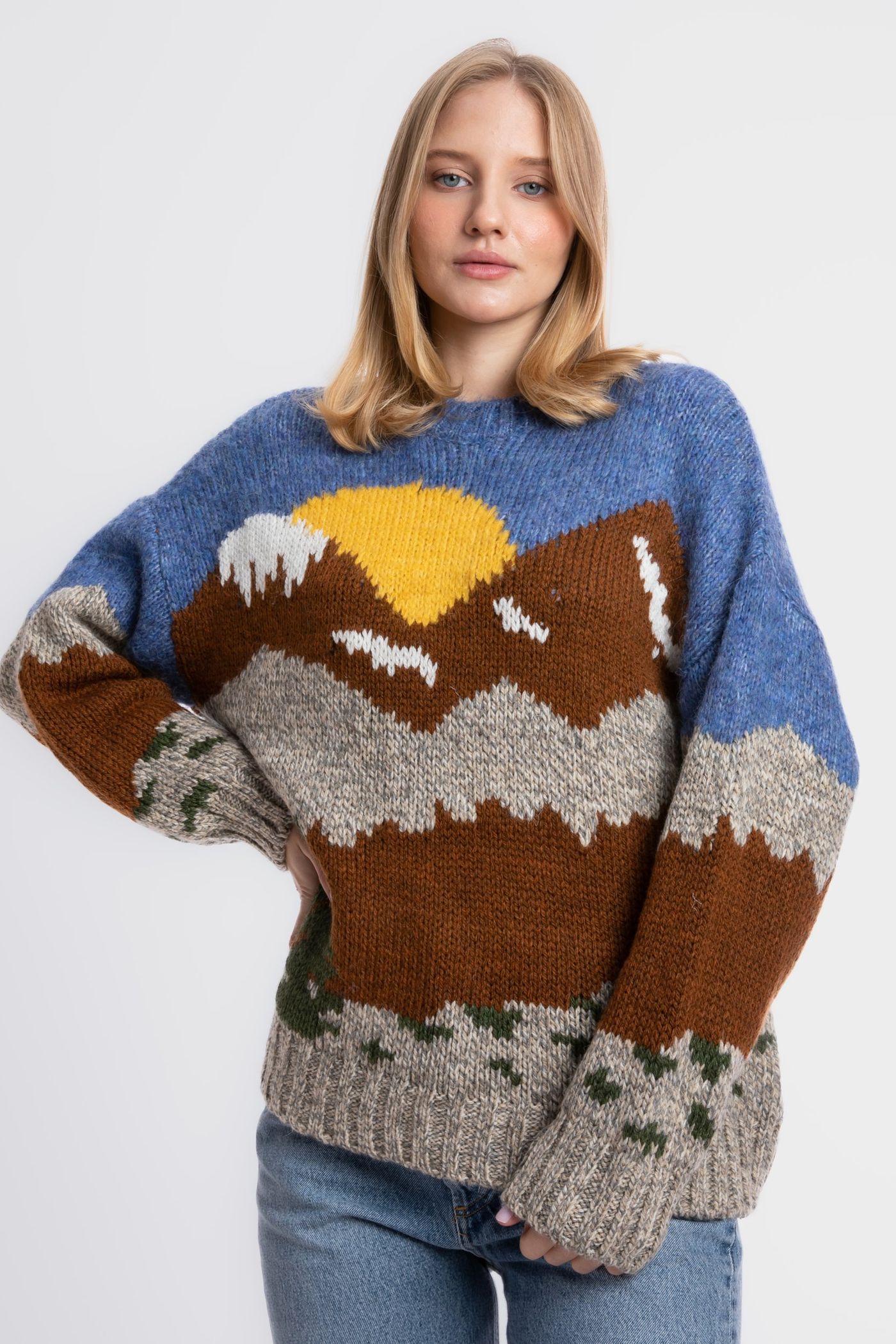 Landscape Printed Crew Neck Oversized Sweater