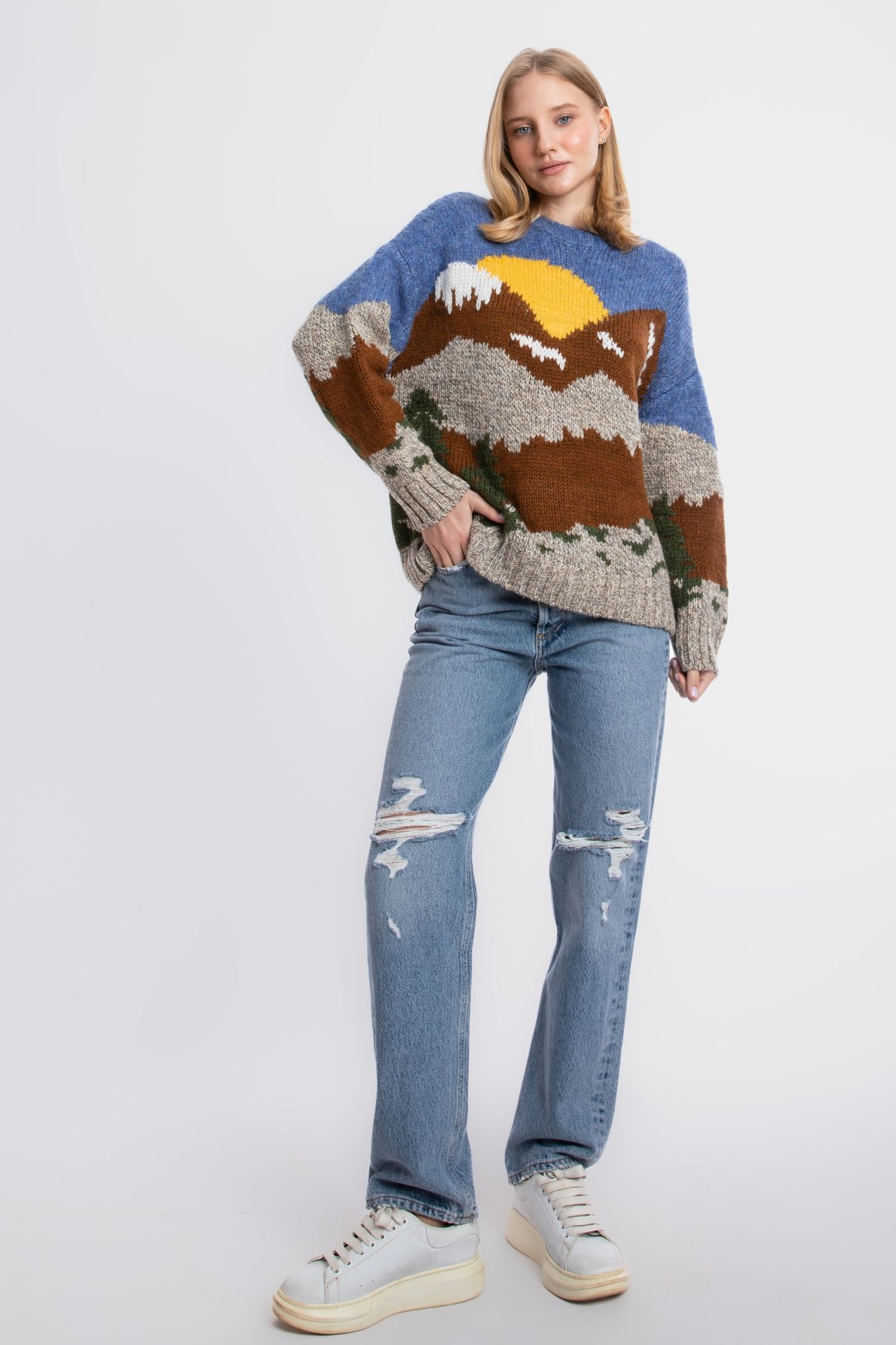 Landscape Printed Crew Neck Oversized Sweater