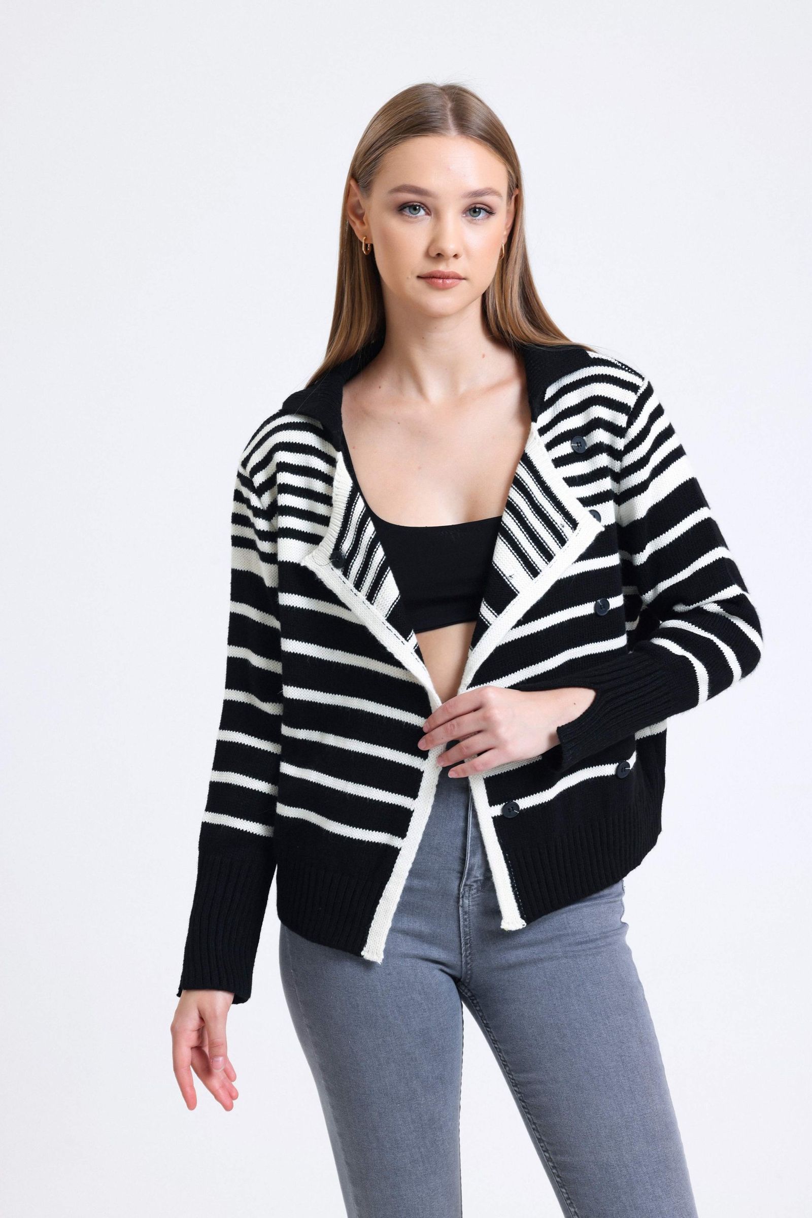 Striped Polo Collar Buttoned Classic Cardigan