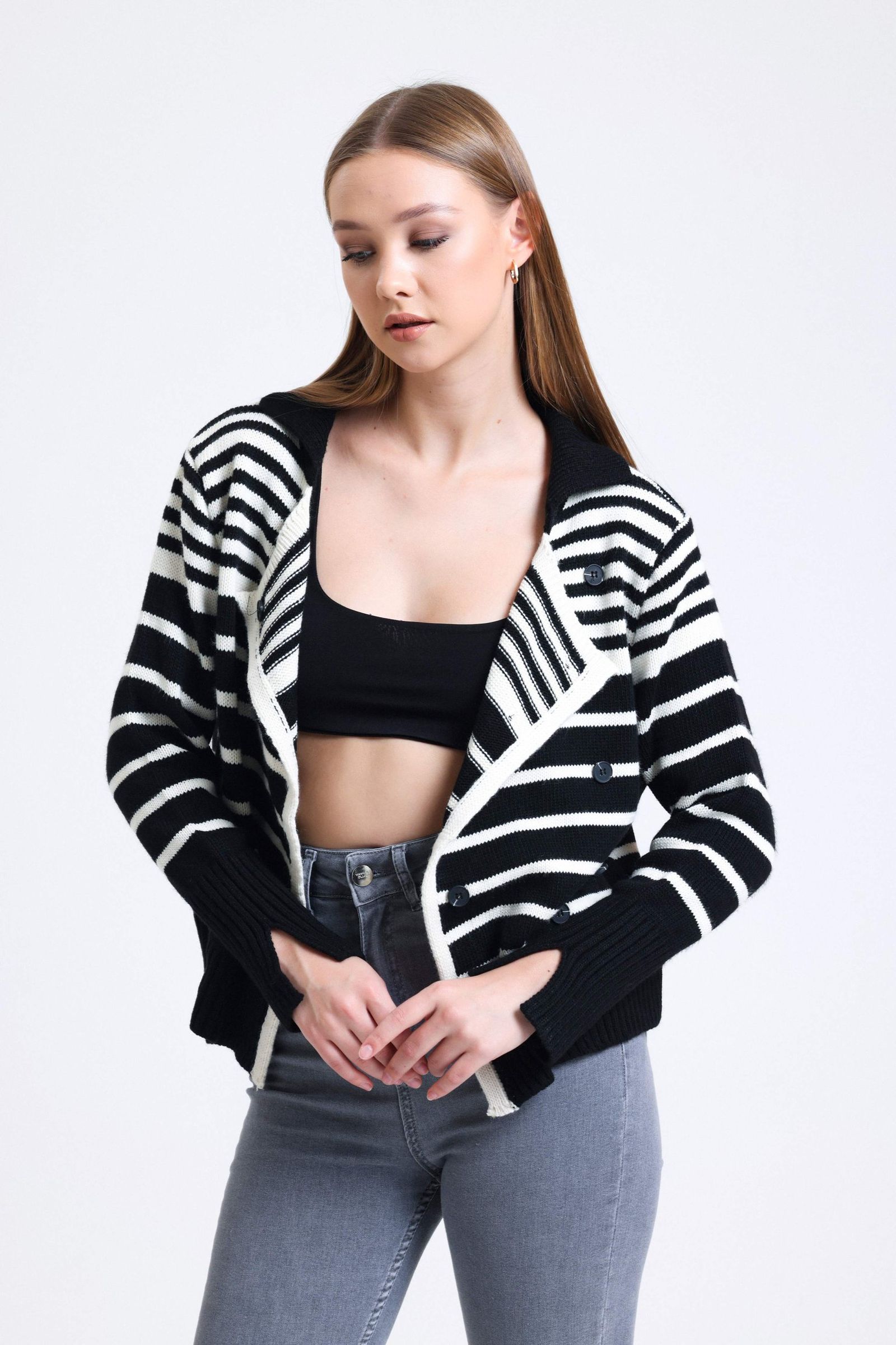 Striped Polo Collar Buttoned Classic Cardigan