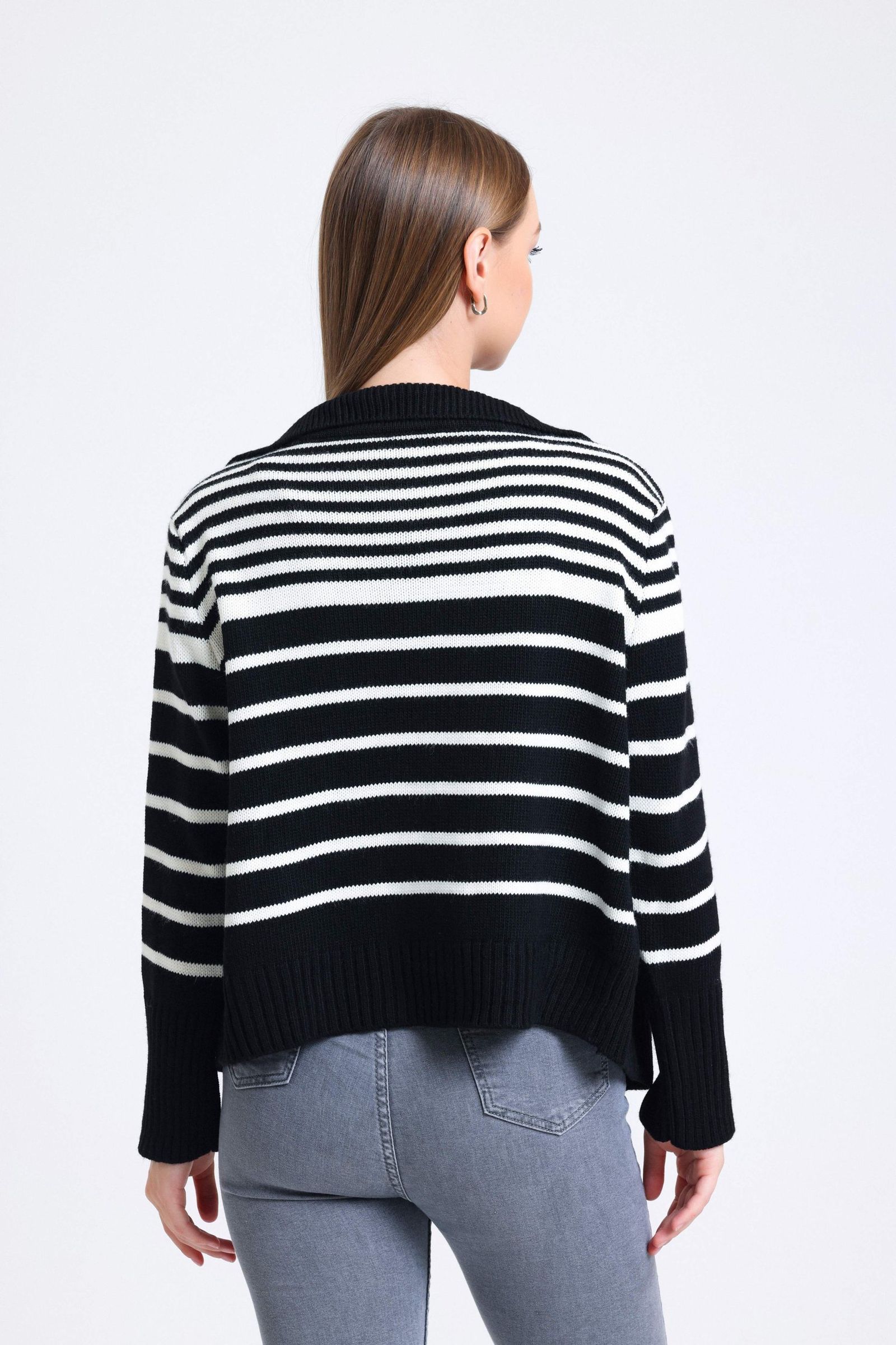 Striped Polo Collar Buttoned Classic Cardigan