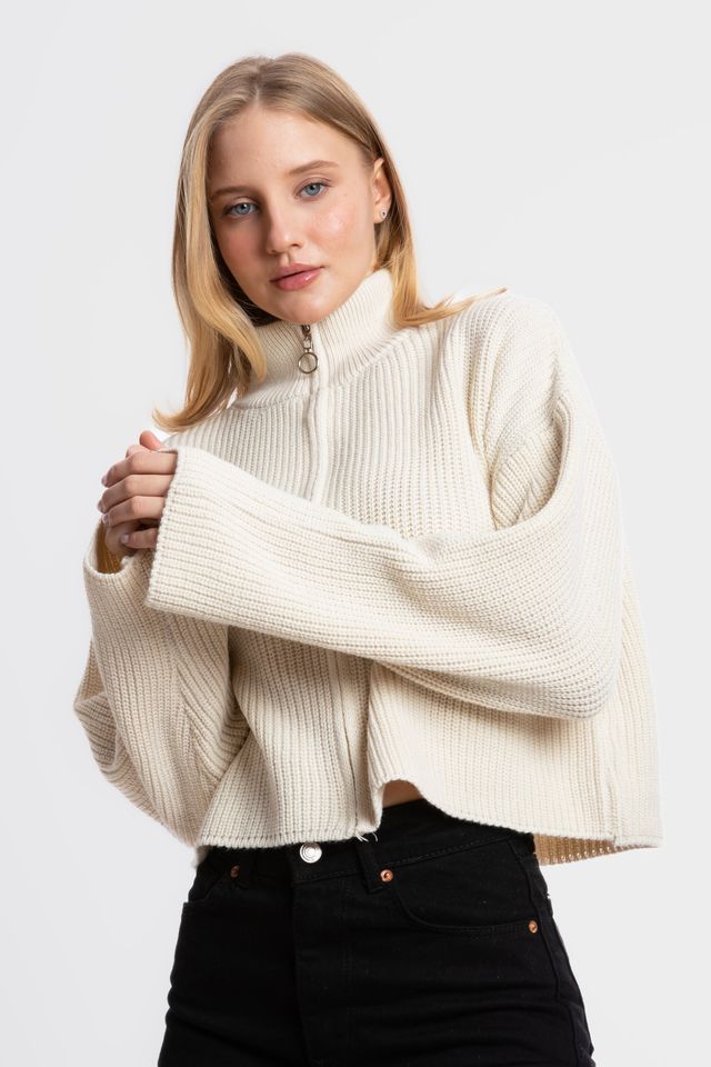 Zippered Relaxed Fit Knit Cardigan