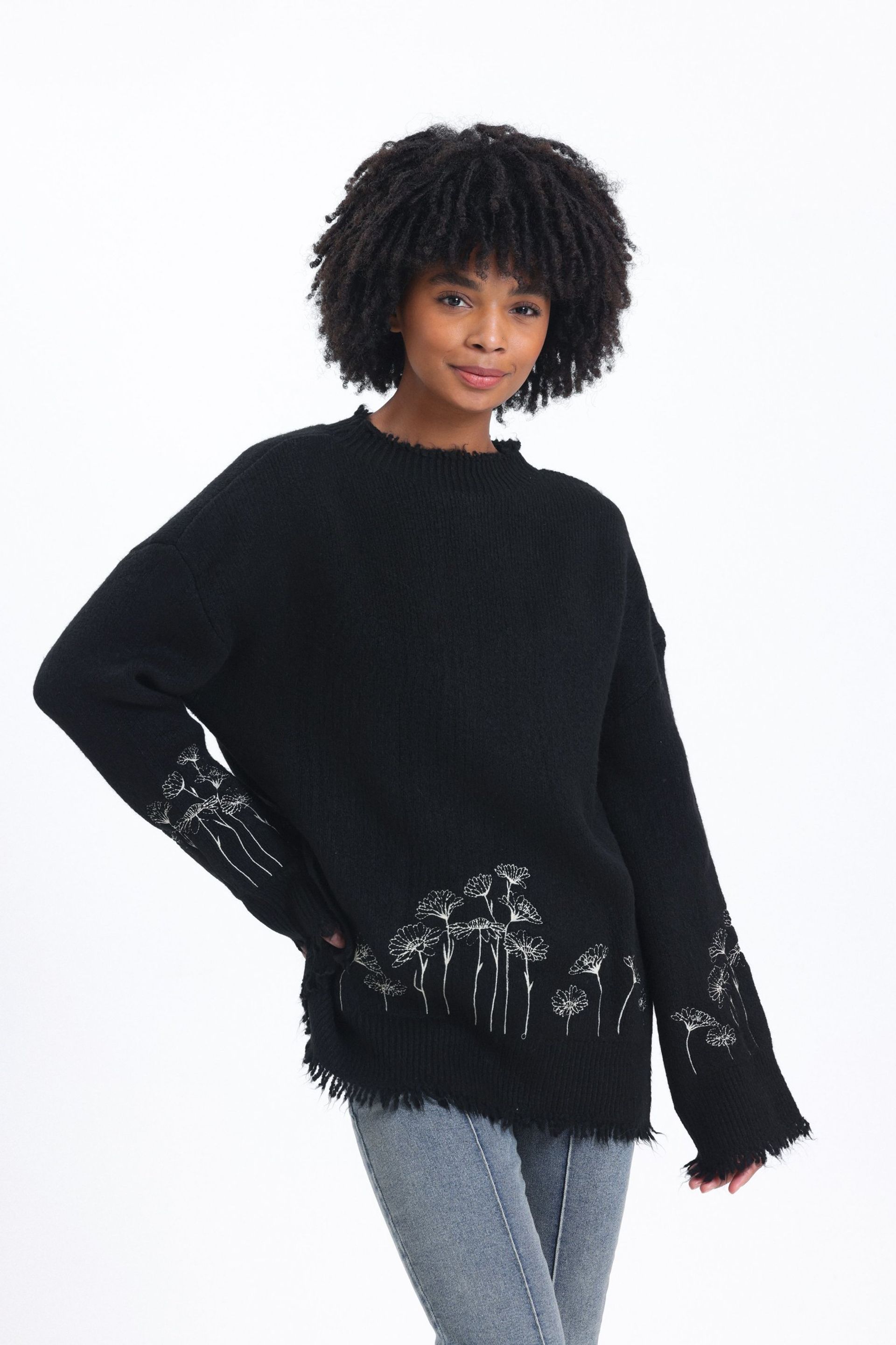 Black Floral Round Neck Oversized Sweater Women