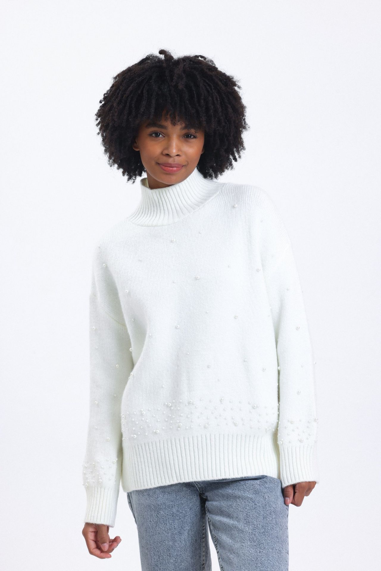 Solid High Neck Sweater with a Pearl Detail