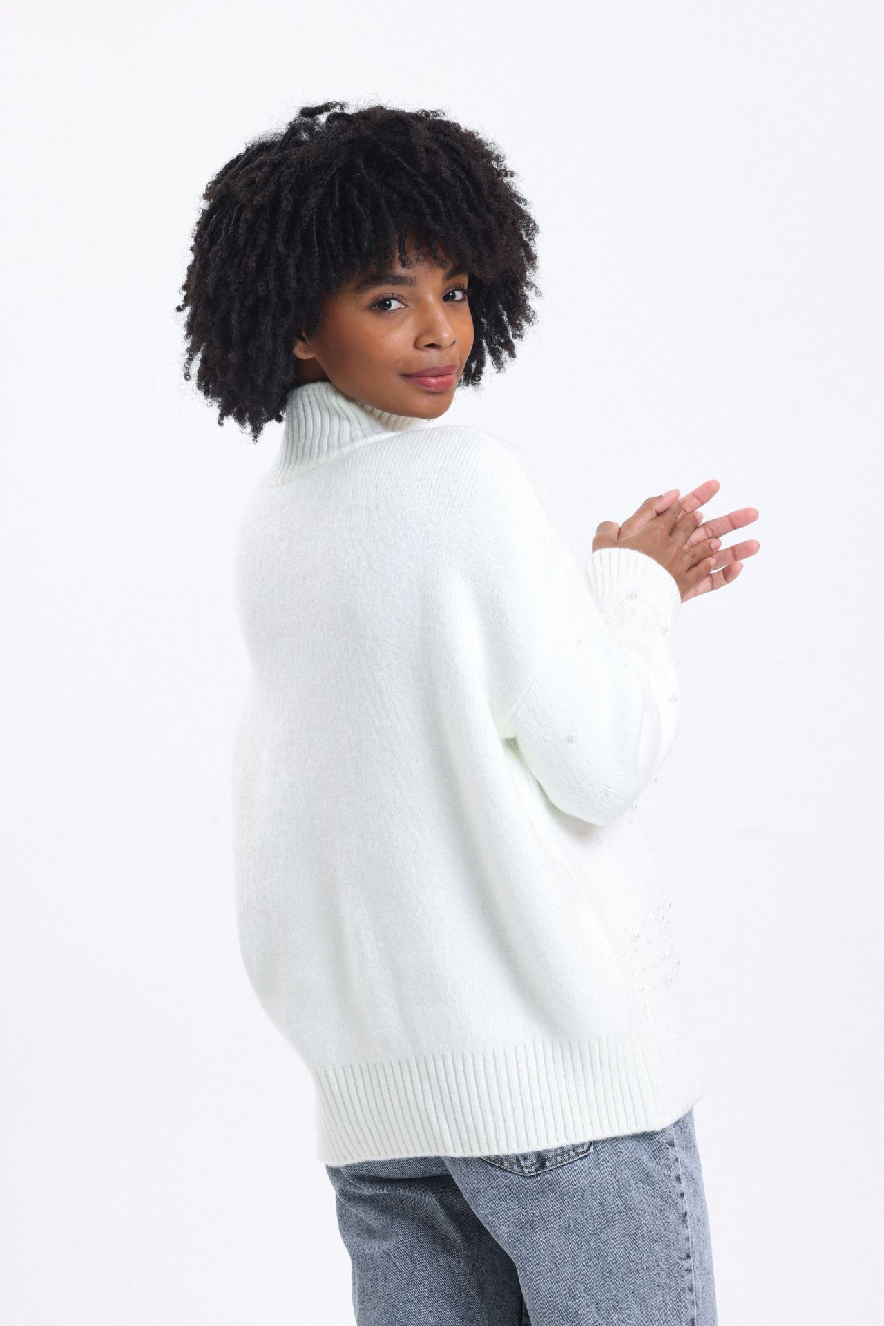 Solid High Neck Sweater with a Pearl Detail