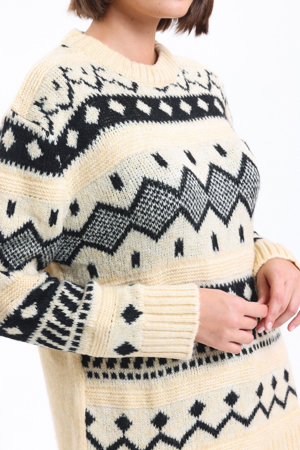 Patterned Crew Neck Oversized Sweater