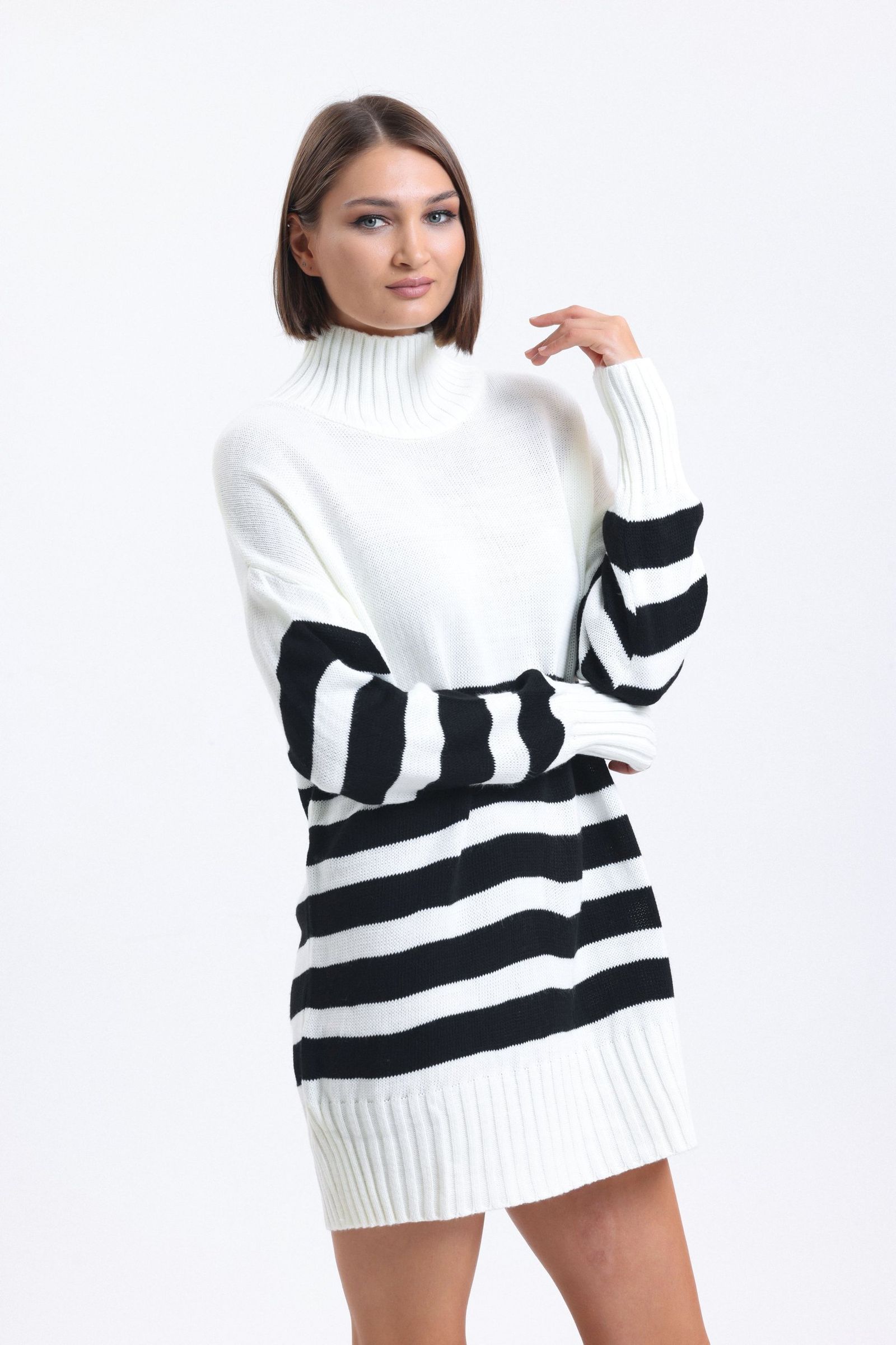 Striped High Neck Long Sweater