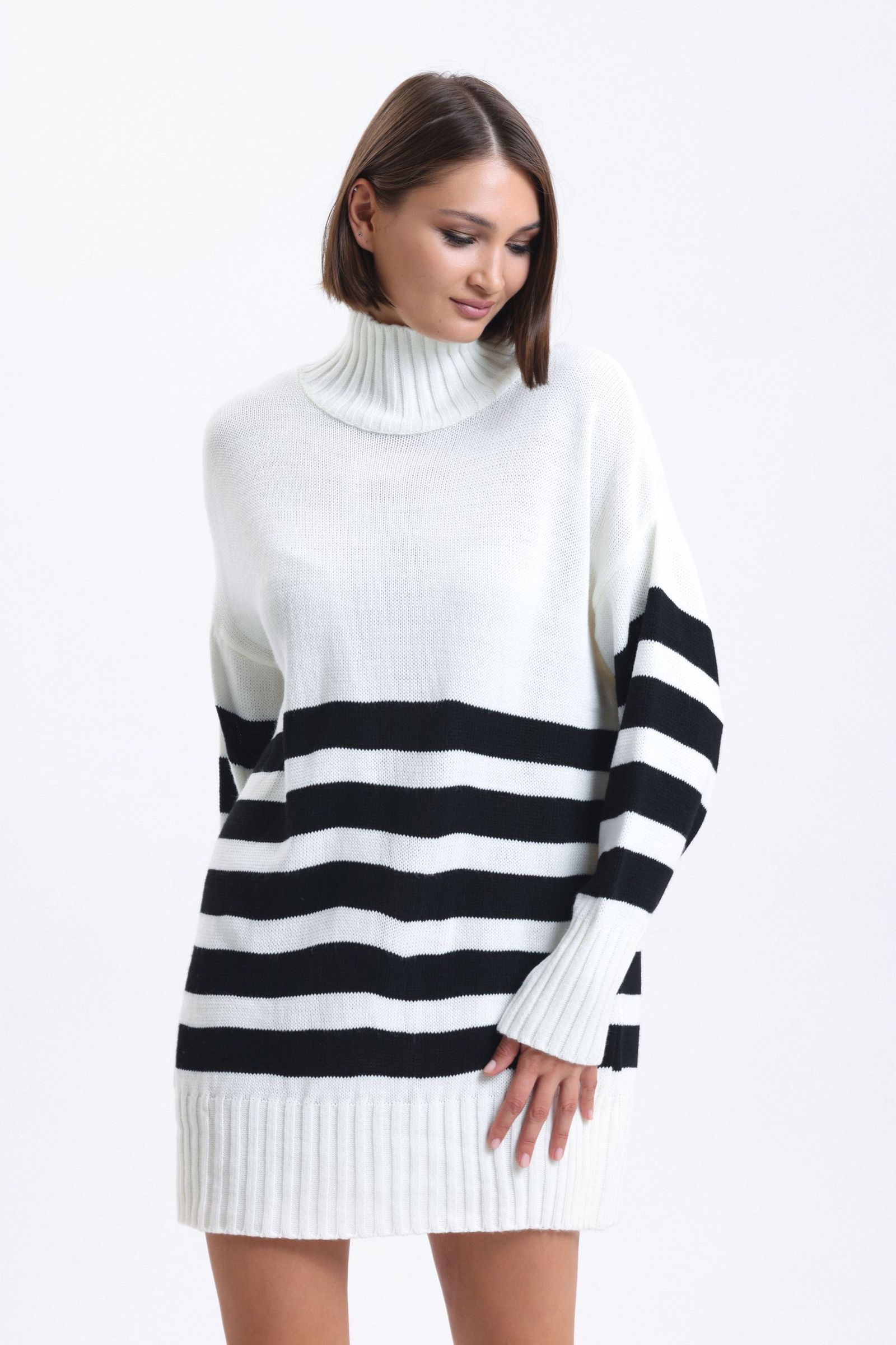 Striped High Neck Long Sweater