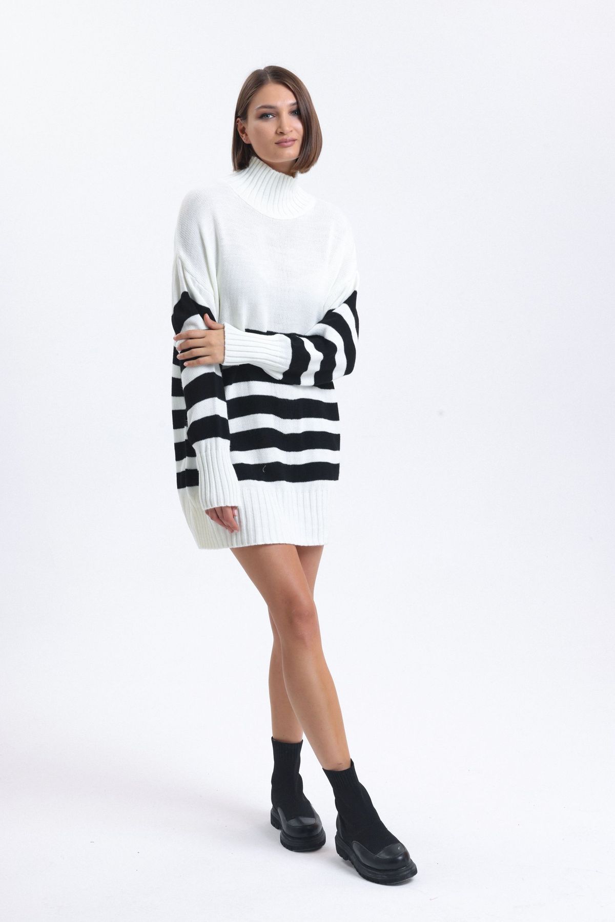 Striped High Neck Long Sweater