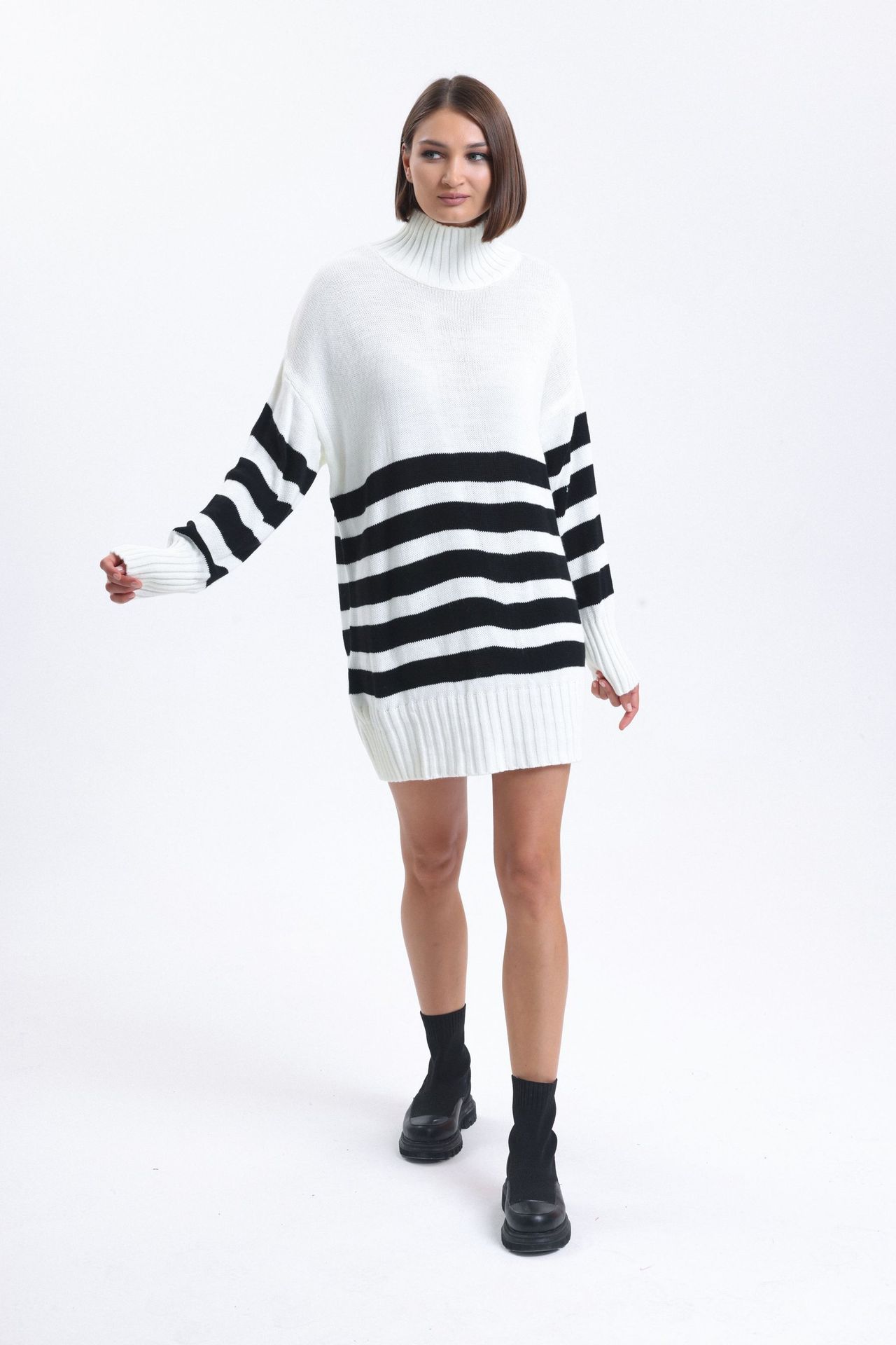 Striped High Neck Long Sweater