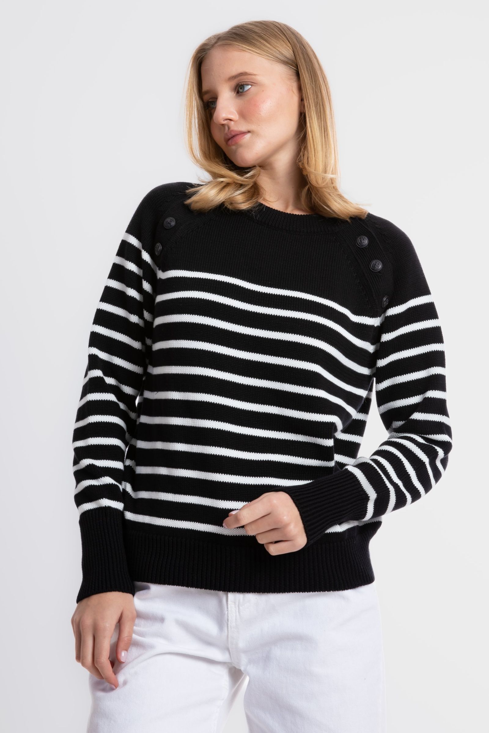 Striped Crew Neck Buttoned Sweater