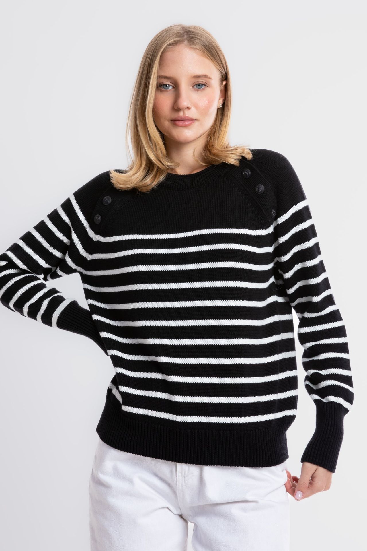 Striped Crew Neck Buttoned Sweater