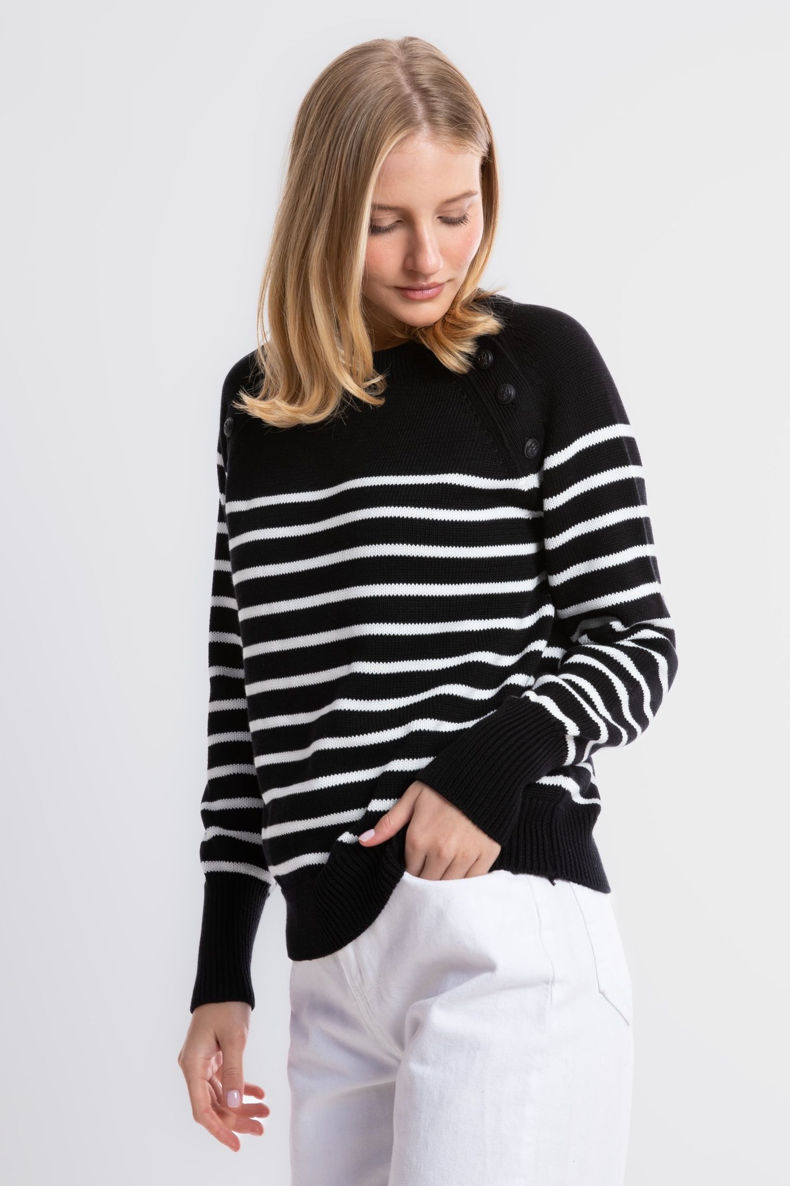 Striped Crew Neck Buttoned Sweater