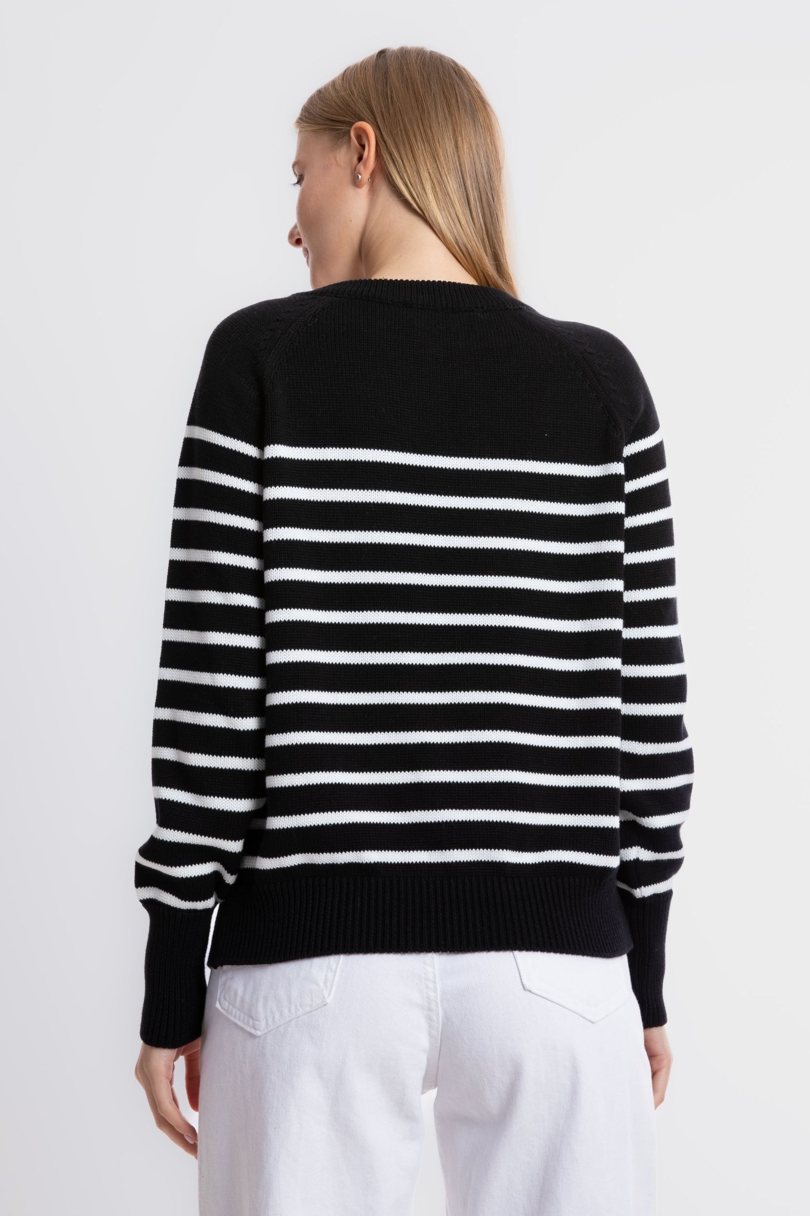 Striped Crew Neck Buttoned Sweater