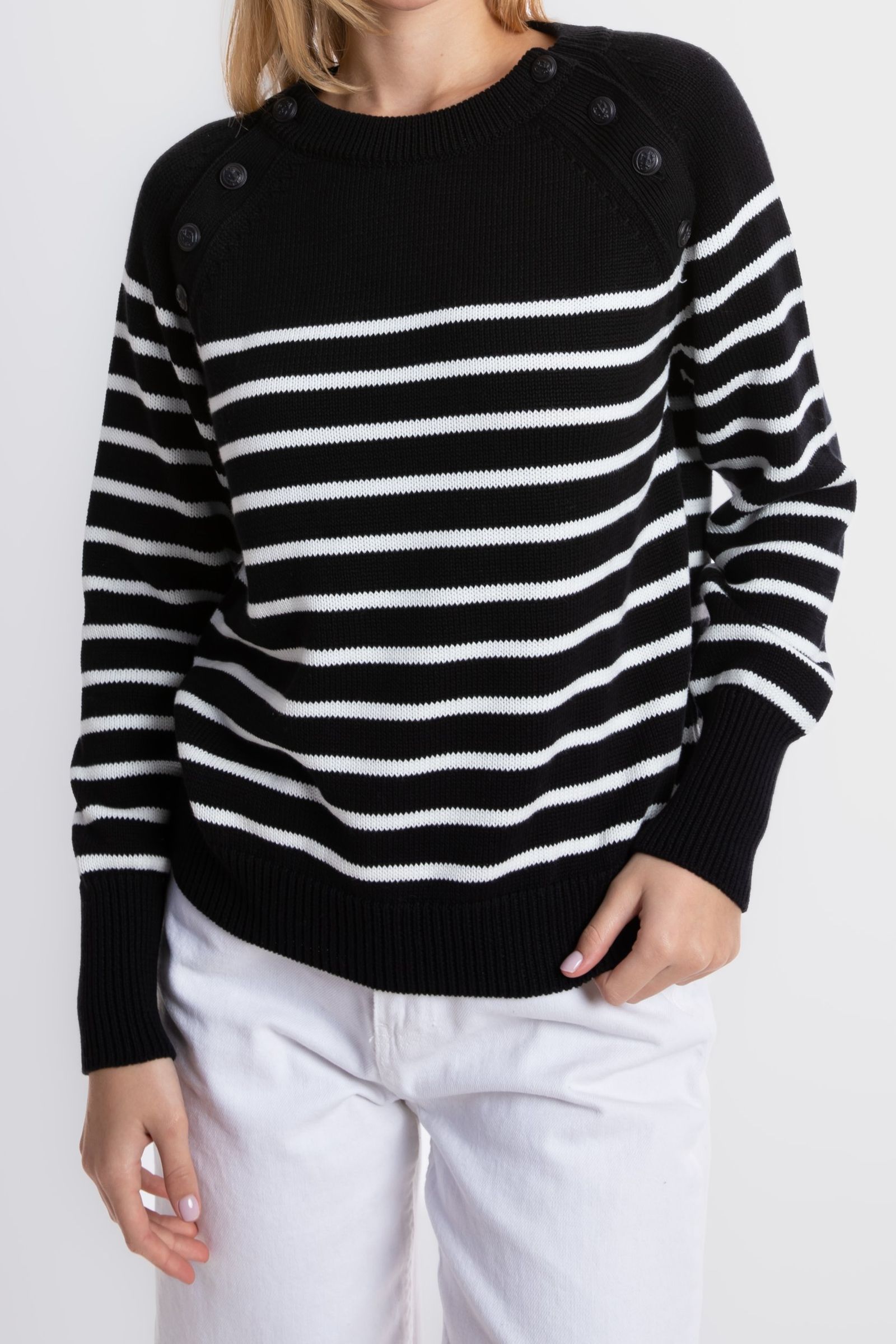 Striped Crew Neck Buttoned Sweater