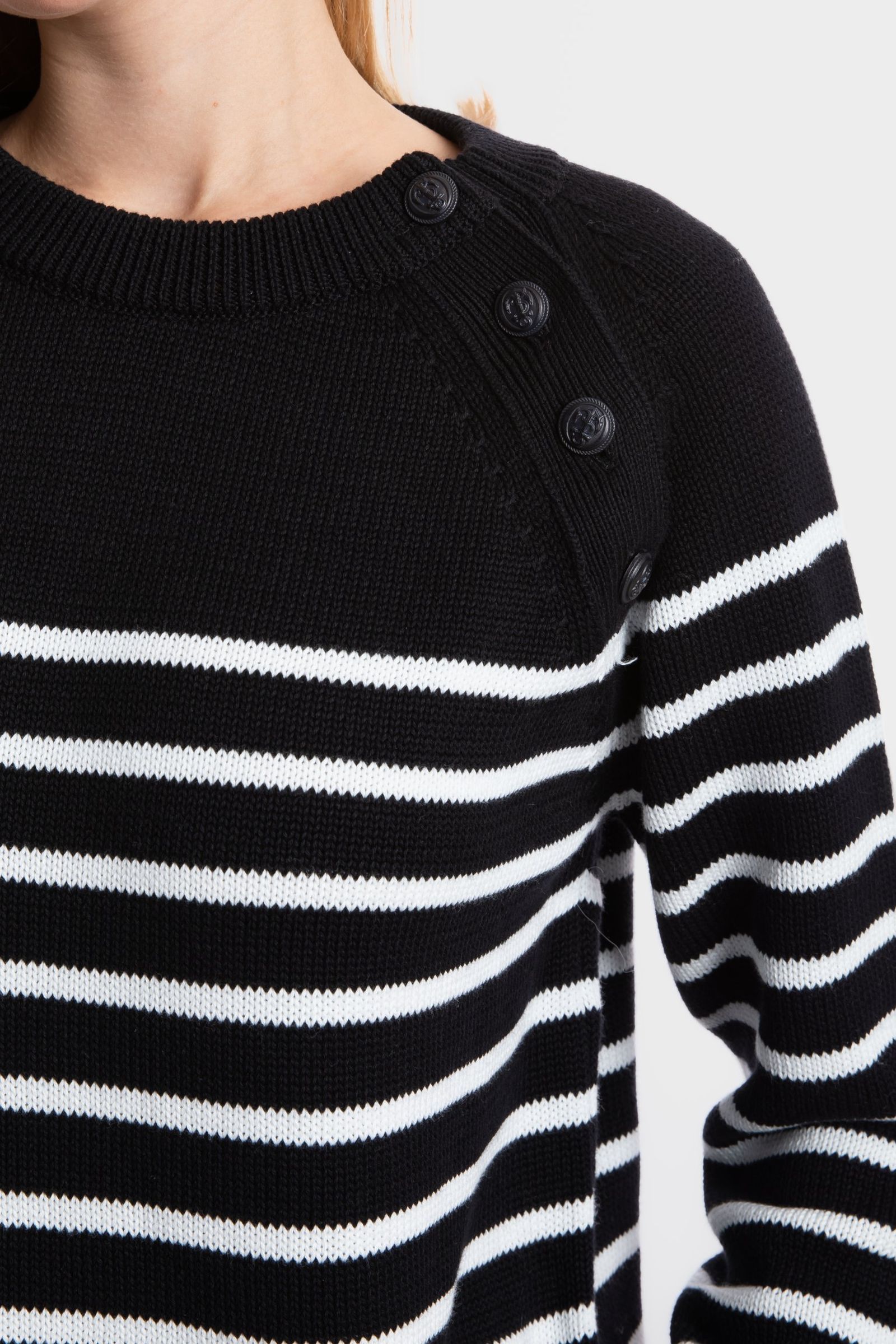 Striped Crew Neck Buttoned Sweater