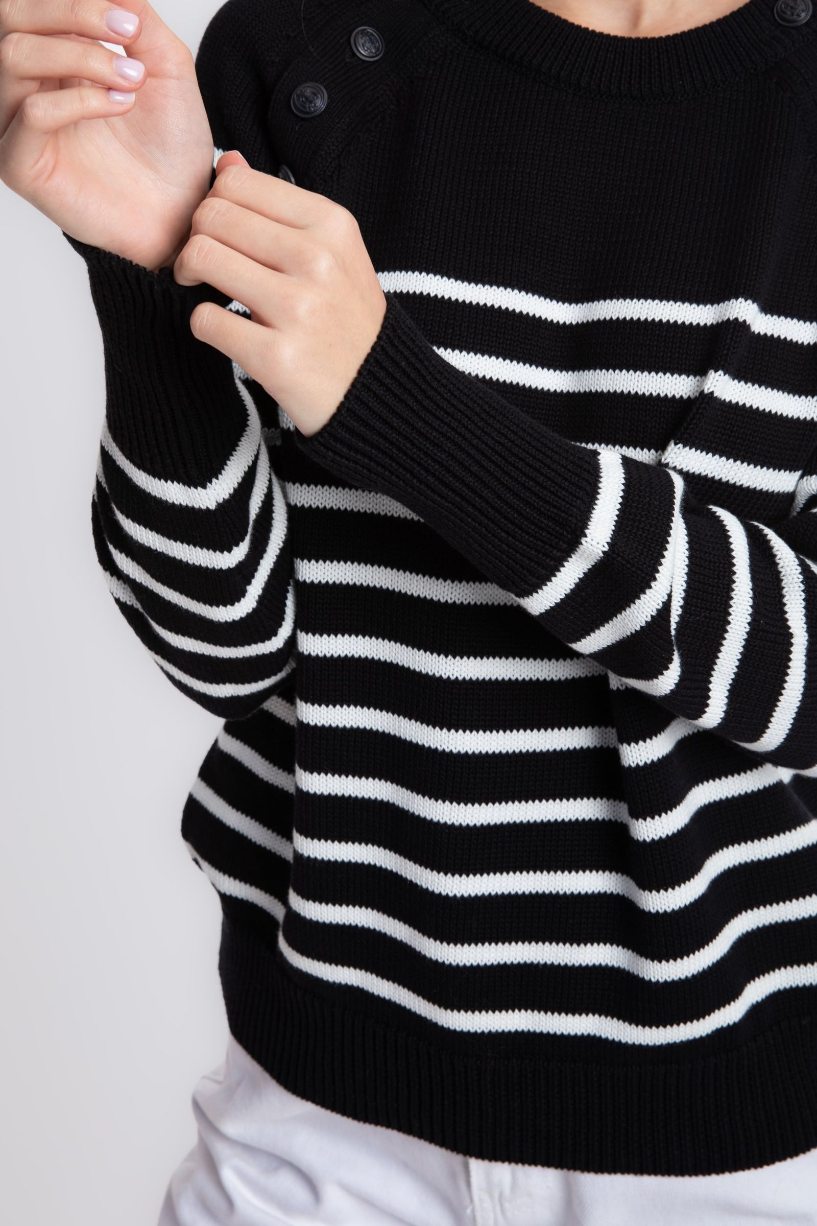 Striped Crew Neck Buttoned Sweater