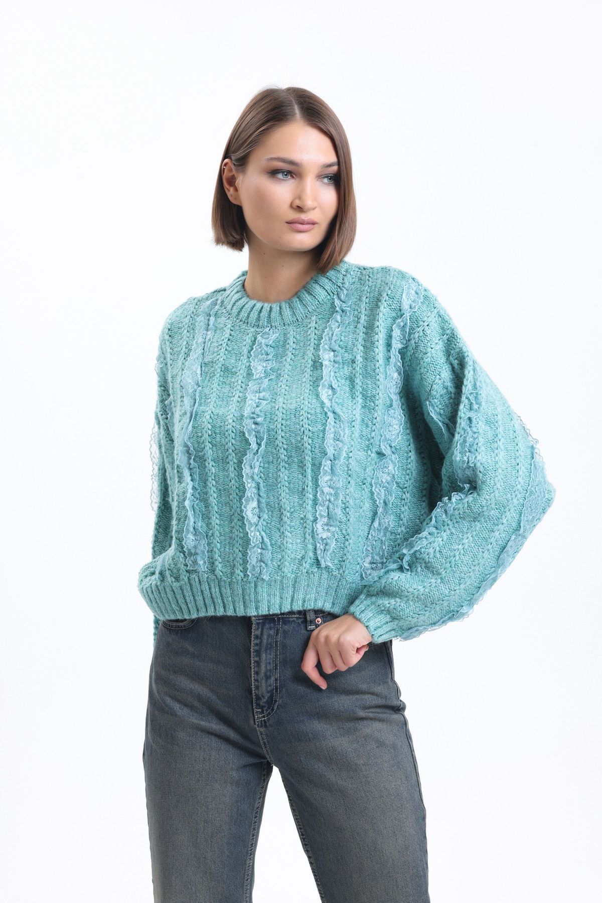 Crew Neck Oversized Sweater with a Lace Detail