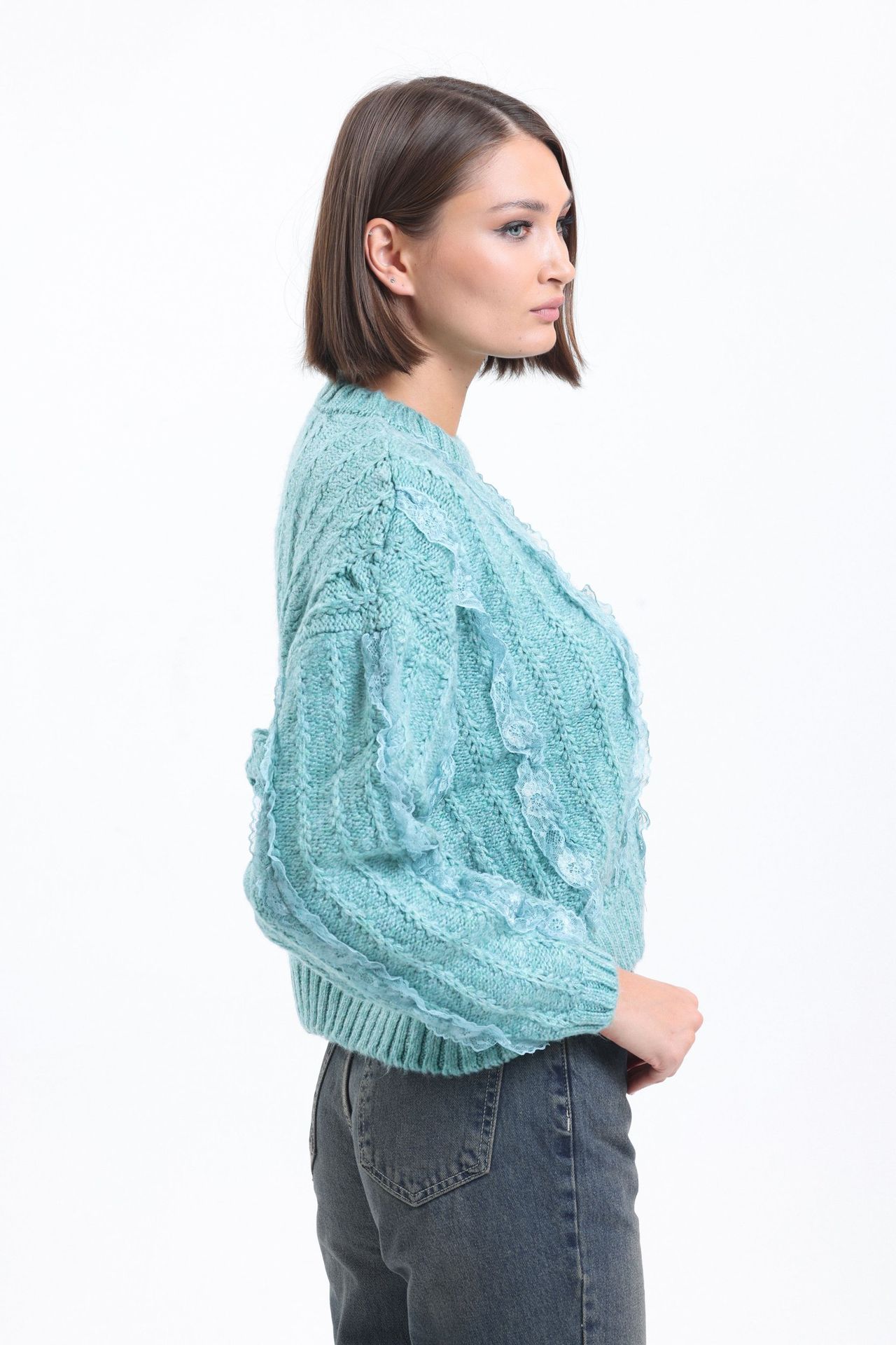 Crew Neck Oversized Sweater with a Lace Detail