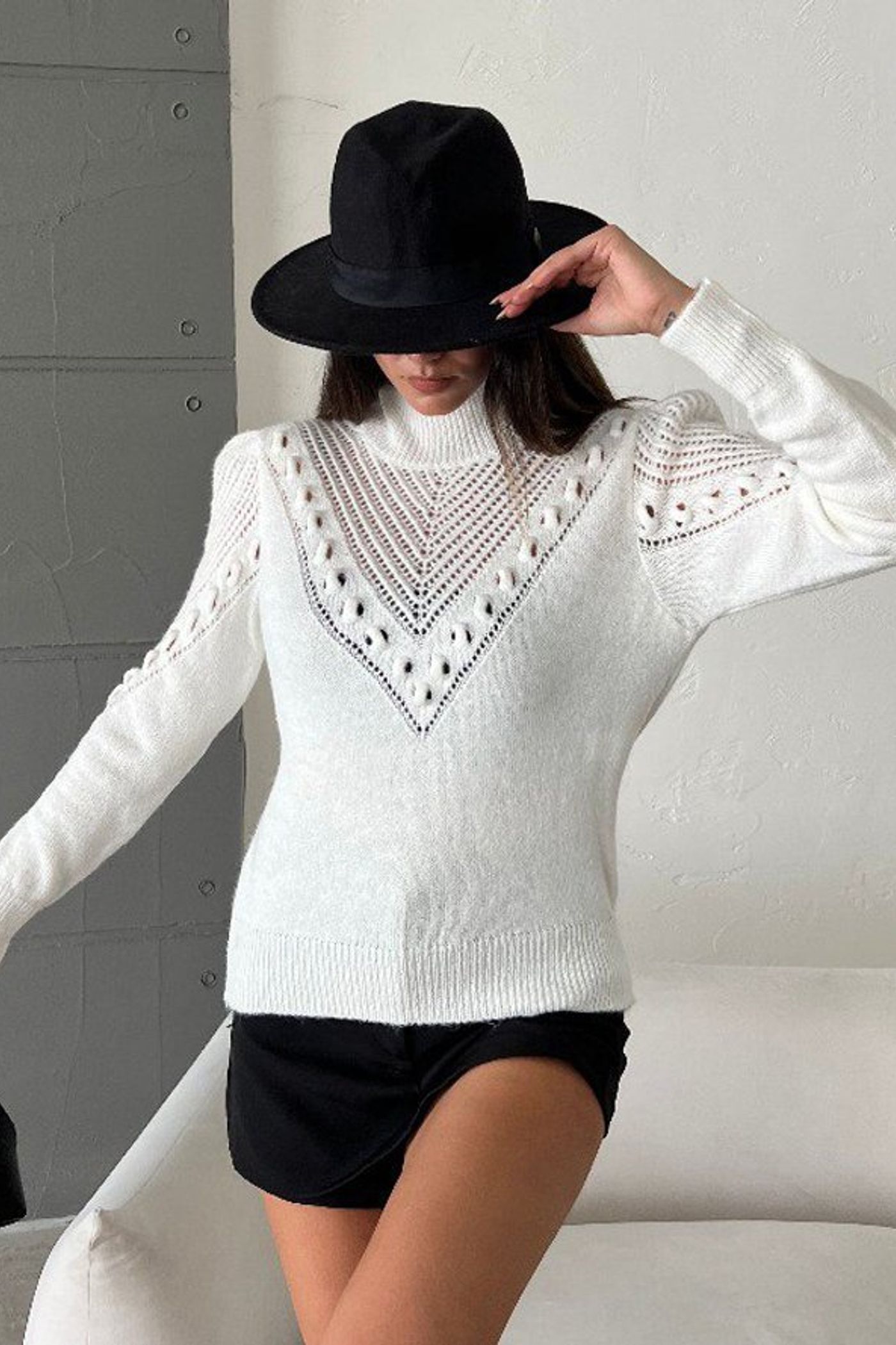 Solid High Neck Detailed Sweater