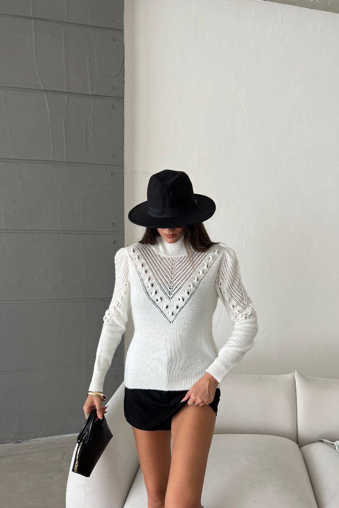 Solid High Neck Detailed Sweater