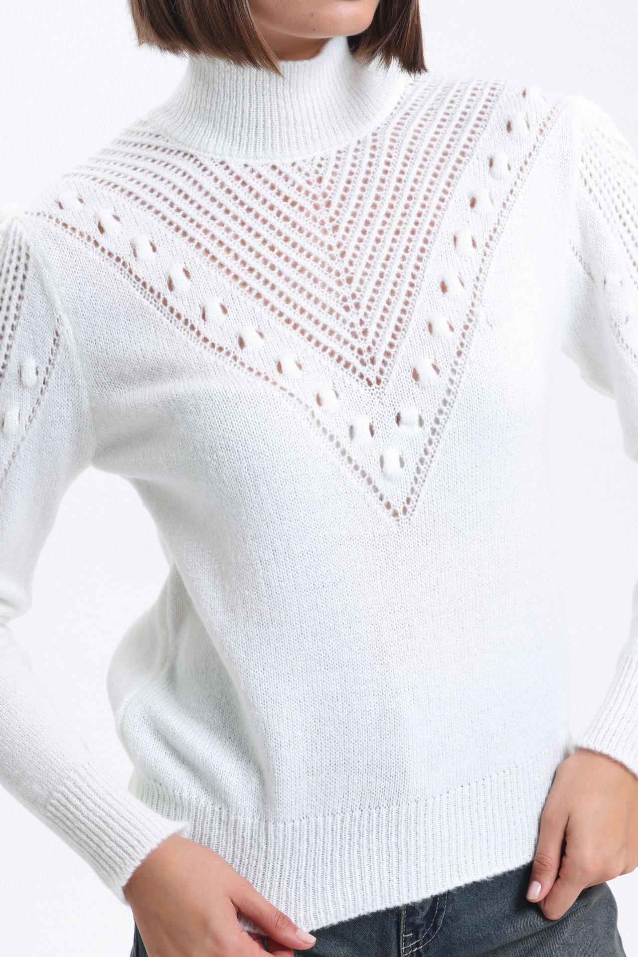 Solid High Neck Detailed Sweater