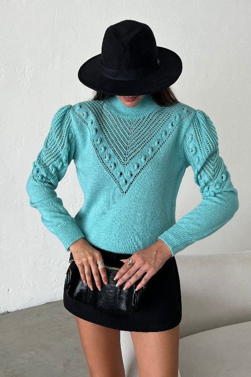 Solid High Neck Detailed Sweater 2