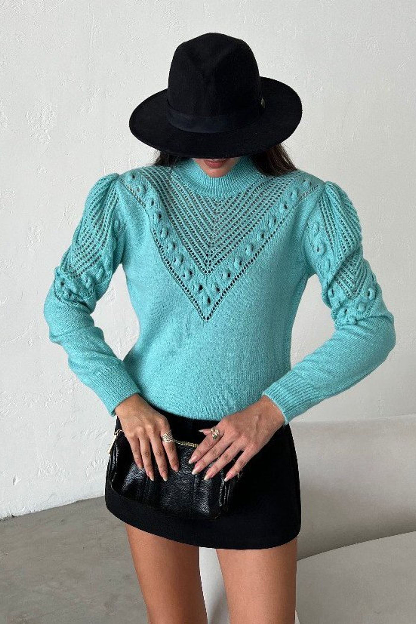 Solid High Neck Detailed Sweater