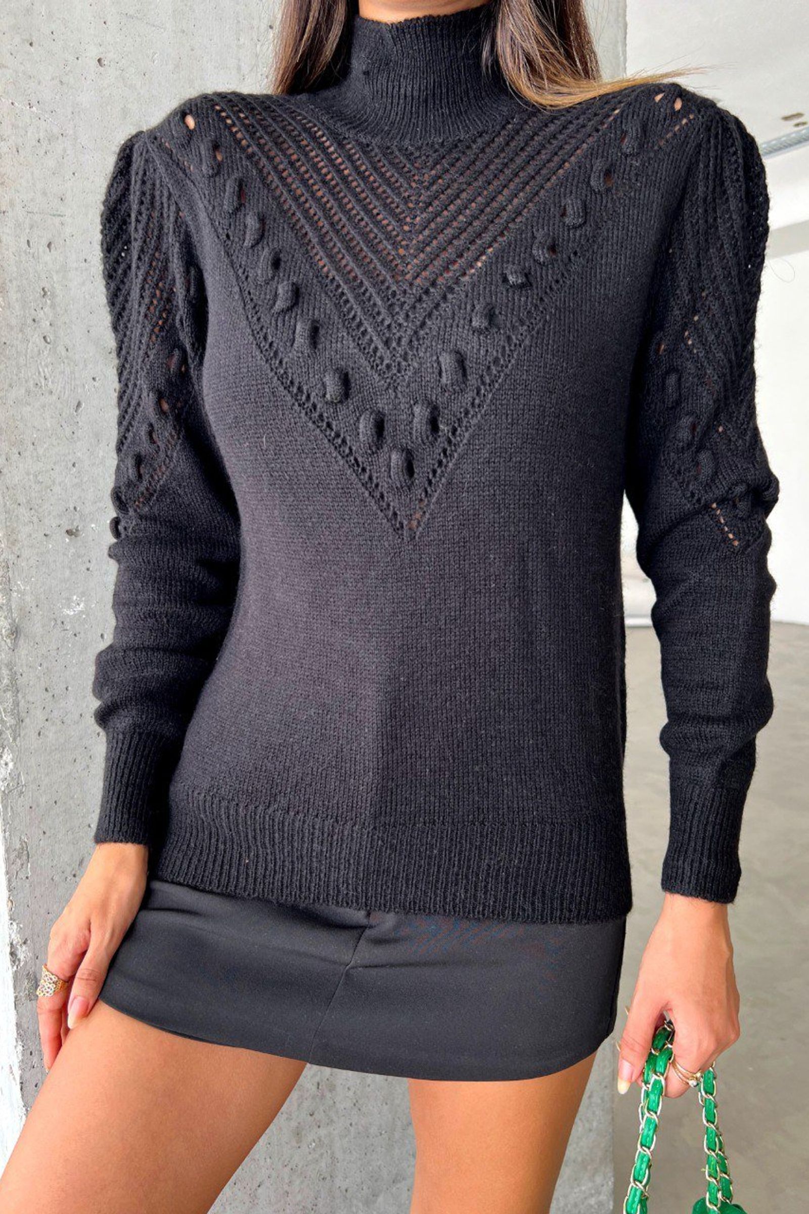 Solid High Neck Detailed Sweater