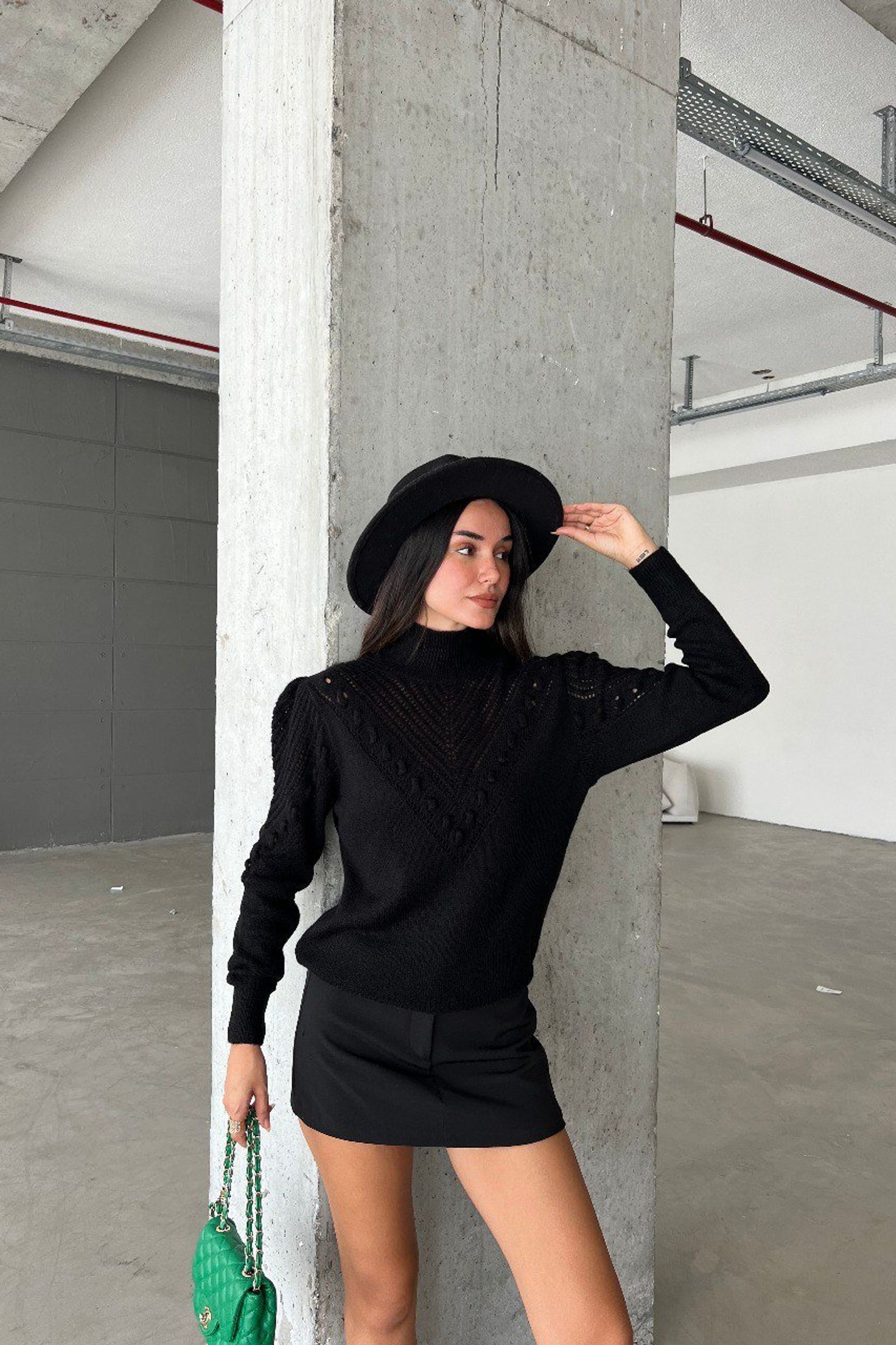 Solid High Neck Detailed Sweater