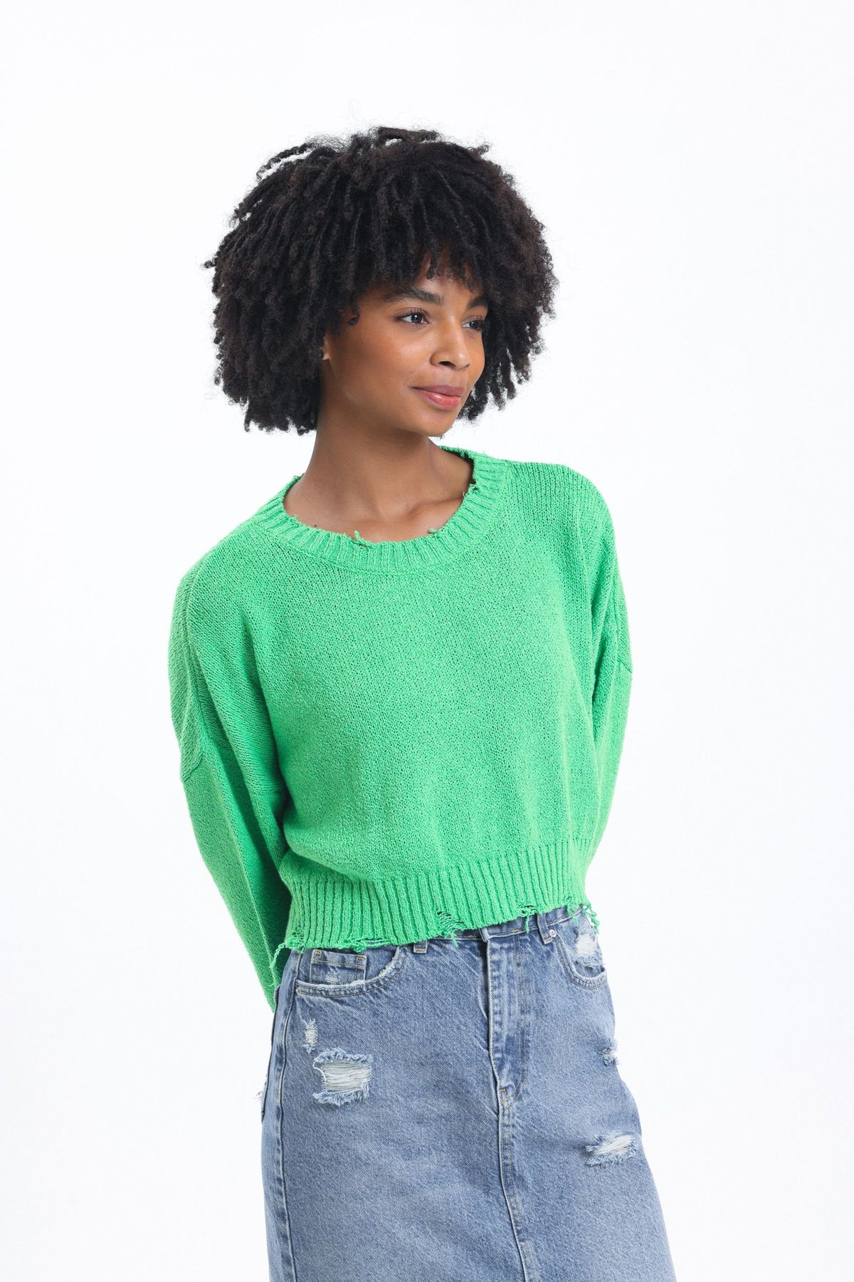 Solid Round Neck Ripped Cropped Sweater
