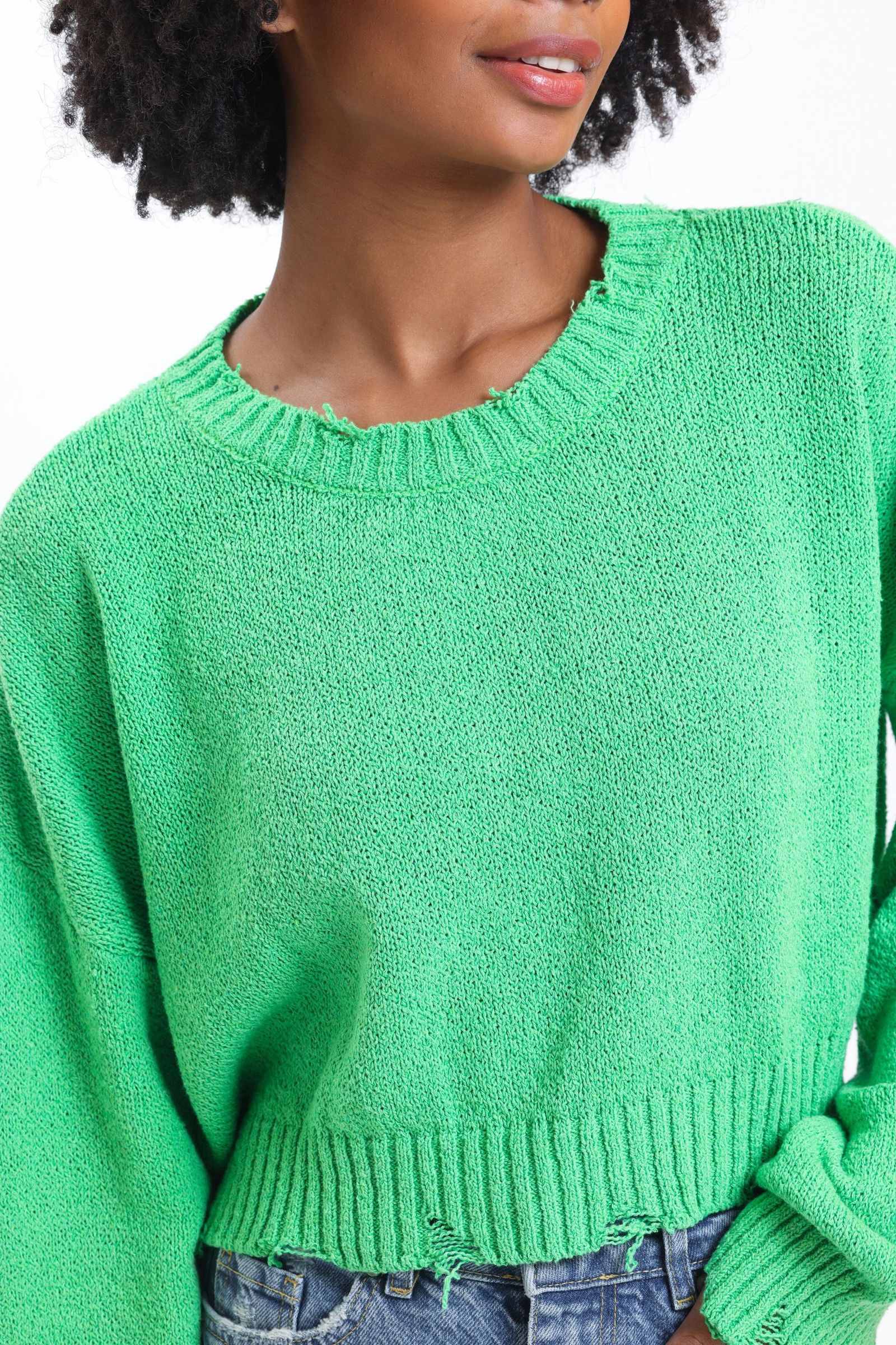 Solid Round Neck Ripped Cropped Sweater