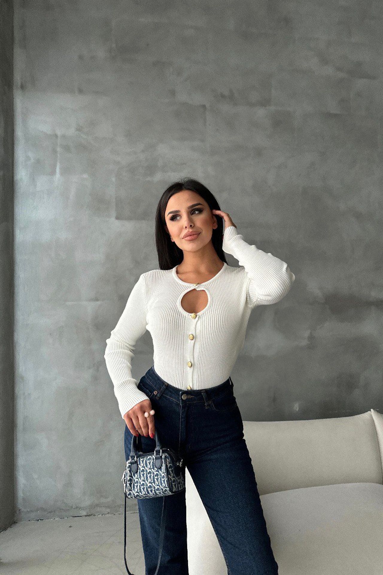Round Neck Ribbed Sweater with a Cut Out