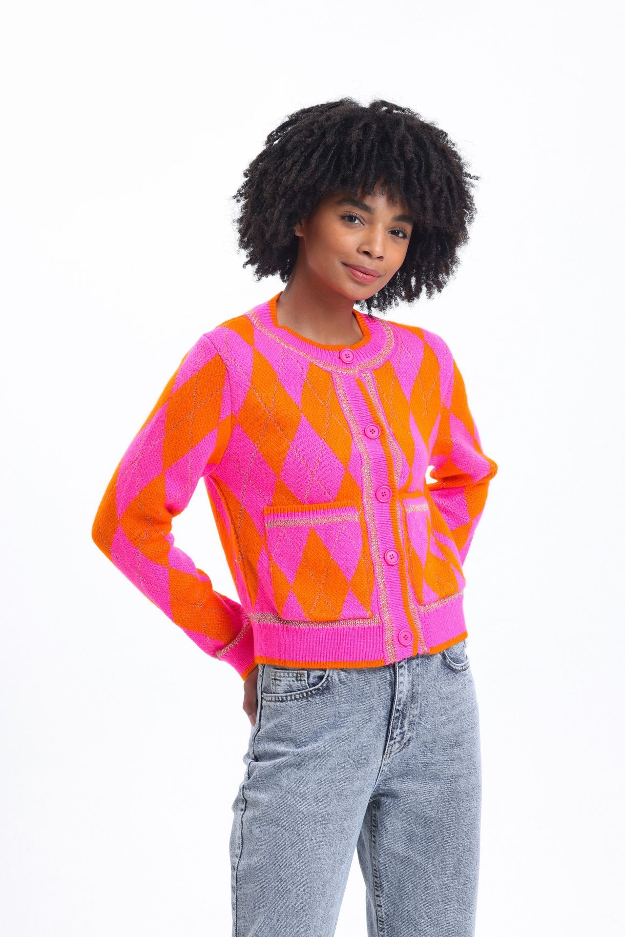 Diamond Patterned Round Neck Cardigan