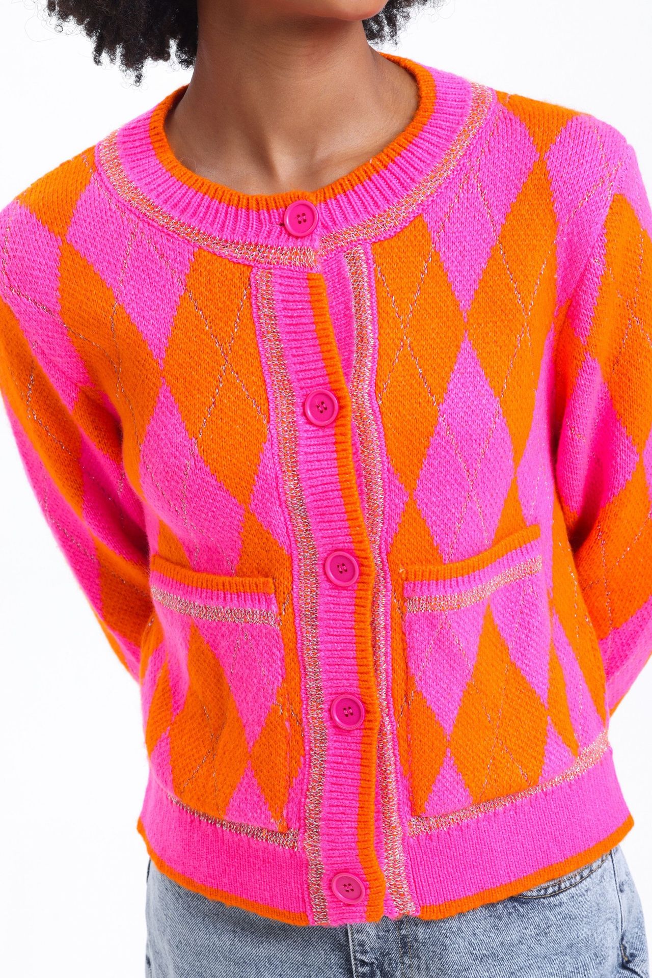 Diamond Patterned Round Neck Cardigan