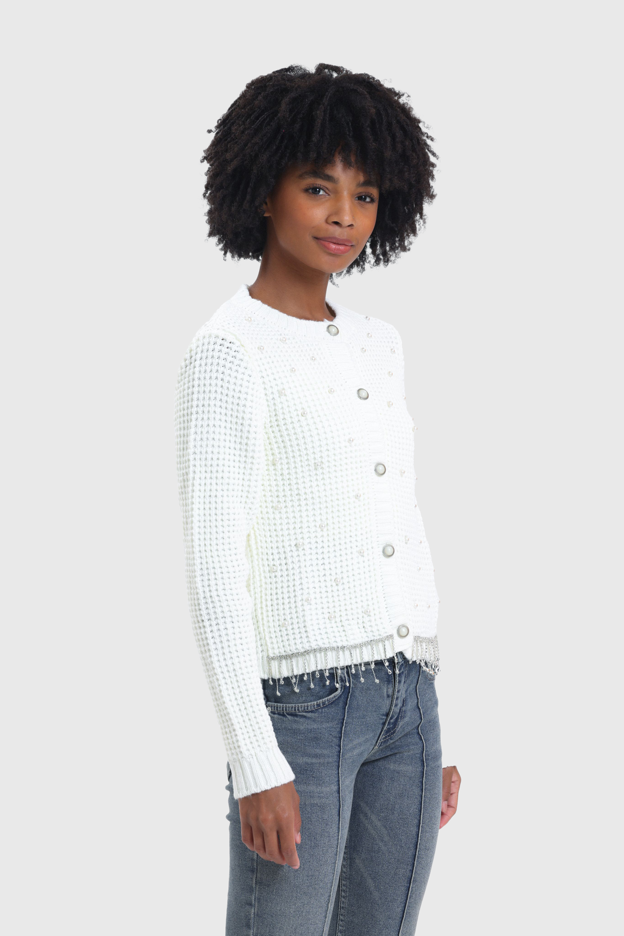 Round Neck Cardigan with a Pearl Detail