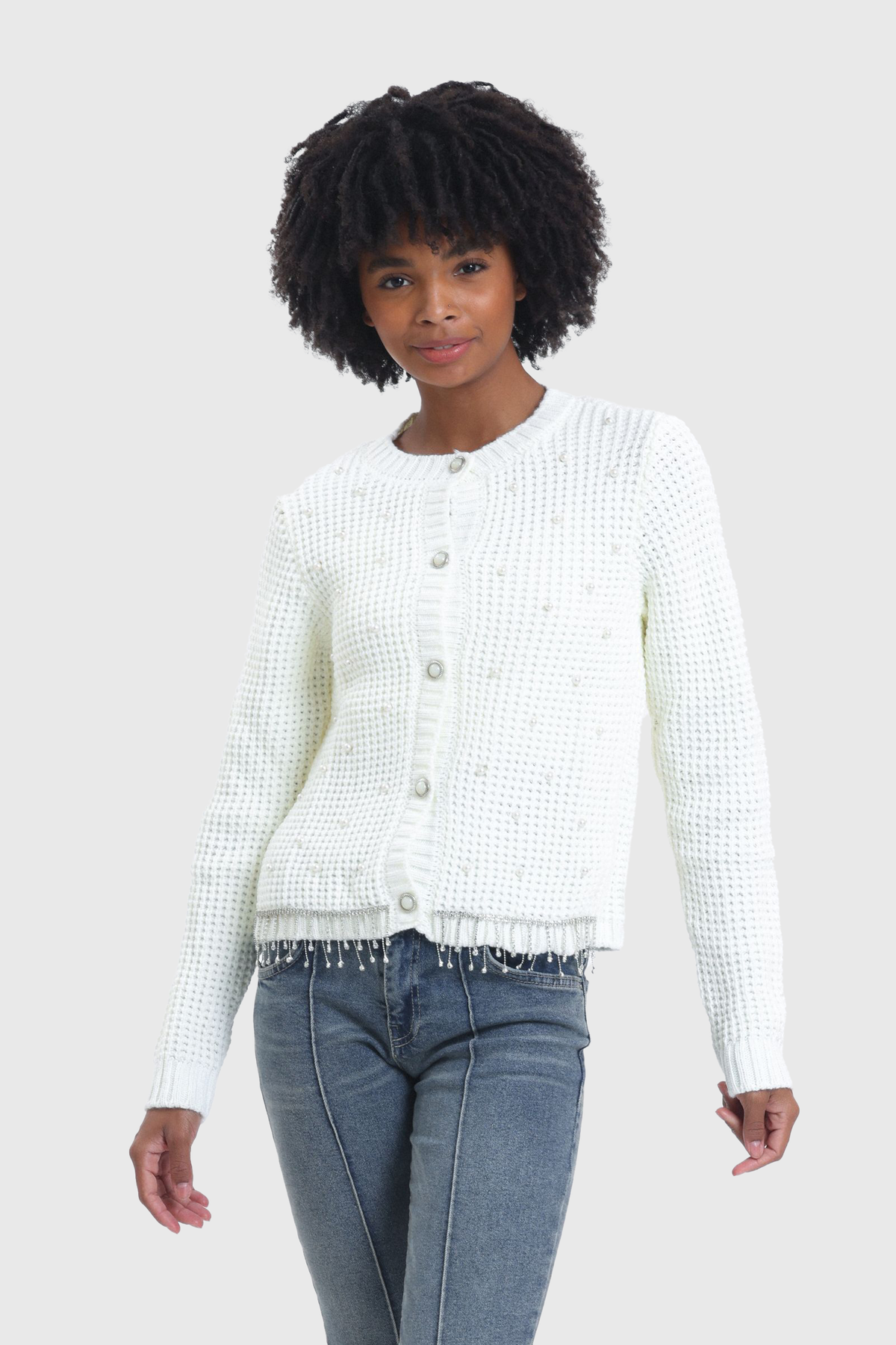 Round Neck Cardigan with a Pearl Detail