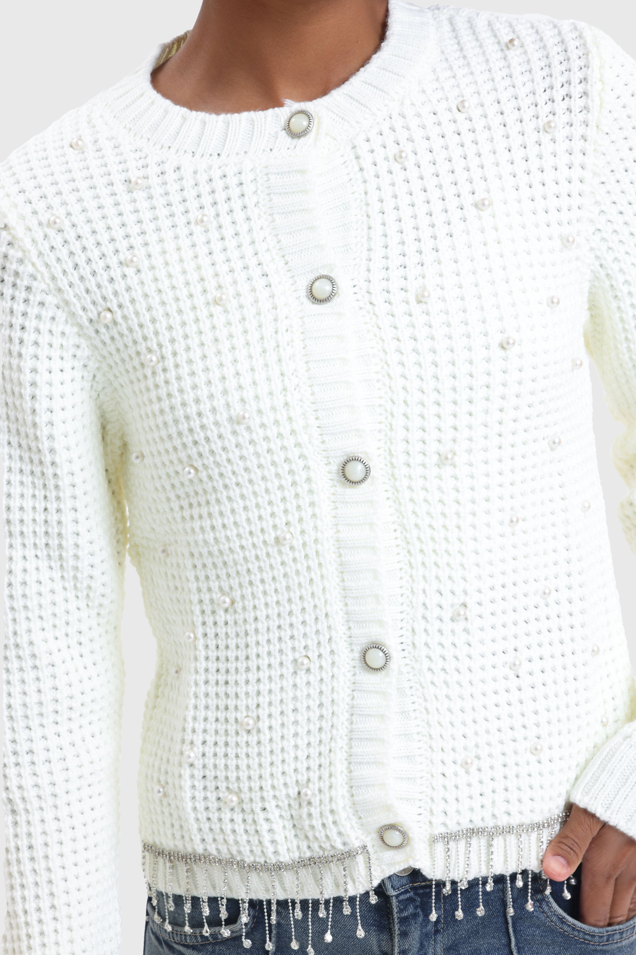 Round Neck Cardigan with a Pearl Detail