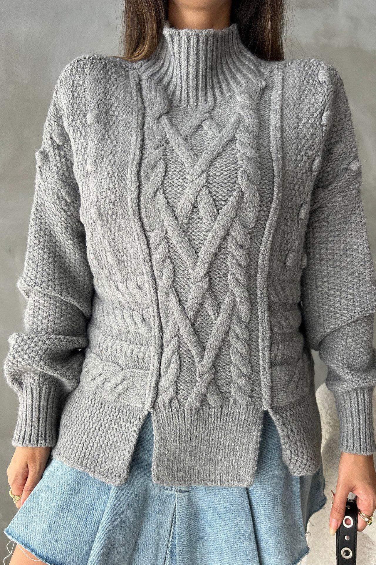 Cable Knitted High Neck Sweater with a Slit