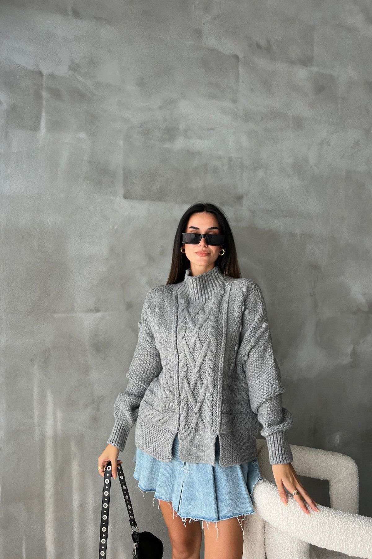 Cable Knitted High Neck Sweater with a Slit