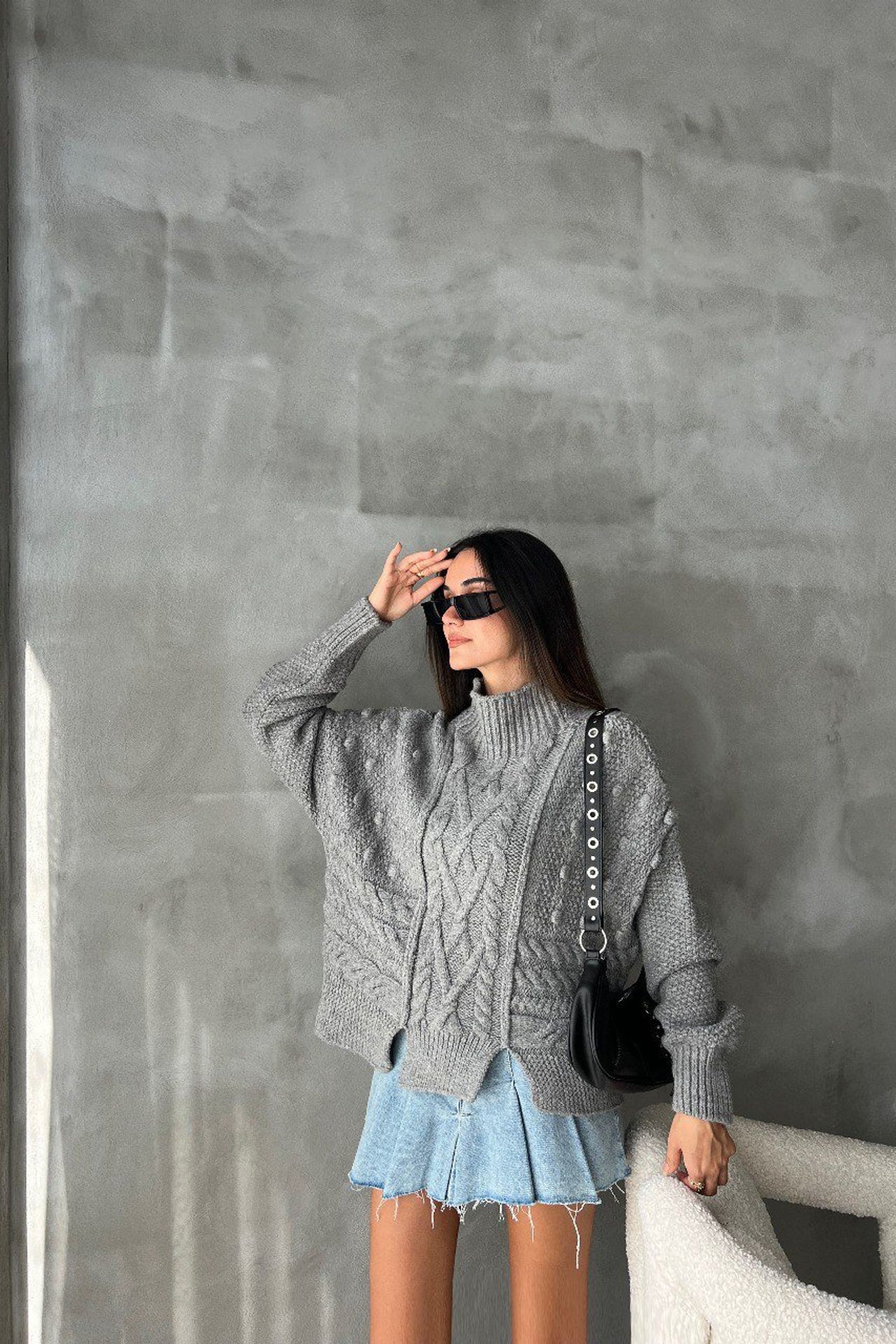 Cable Knitted High Neck Sweater with a Slit